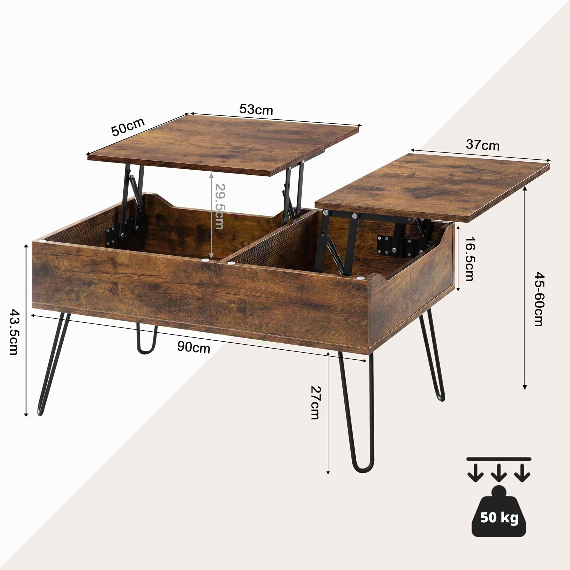 WOLTU Mesa de Centro Elevable y Extensible, Mesita Salón con Espacio Interno, Sofá Auxiliar con Patas Metálicas, Marrón Vintage, BTS14shm