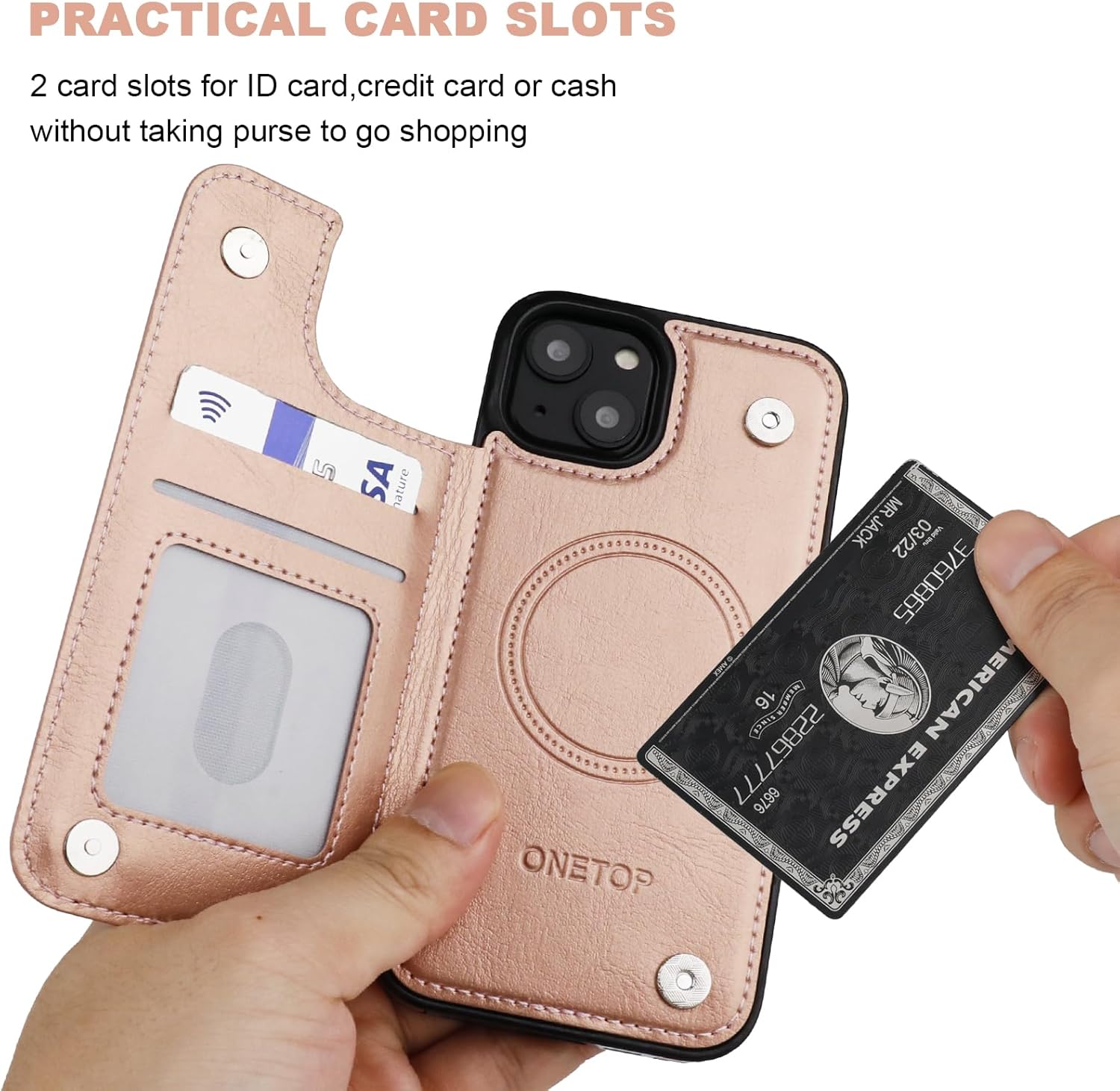 ONETOP Compatible with Magsafe for iPhone 14 Wallet Case with Card Holder, PU Leather Kickstand RFID Blocking Case, Double Magnetic Clasp and Durable Shockproof Cover 6.1 Inch (Rose Gold)
