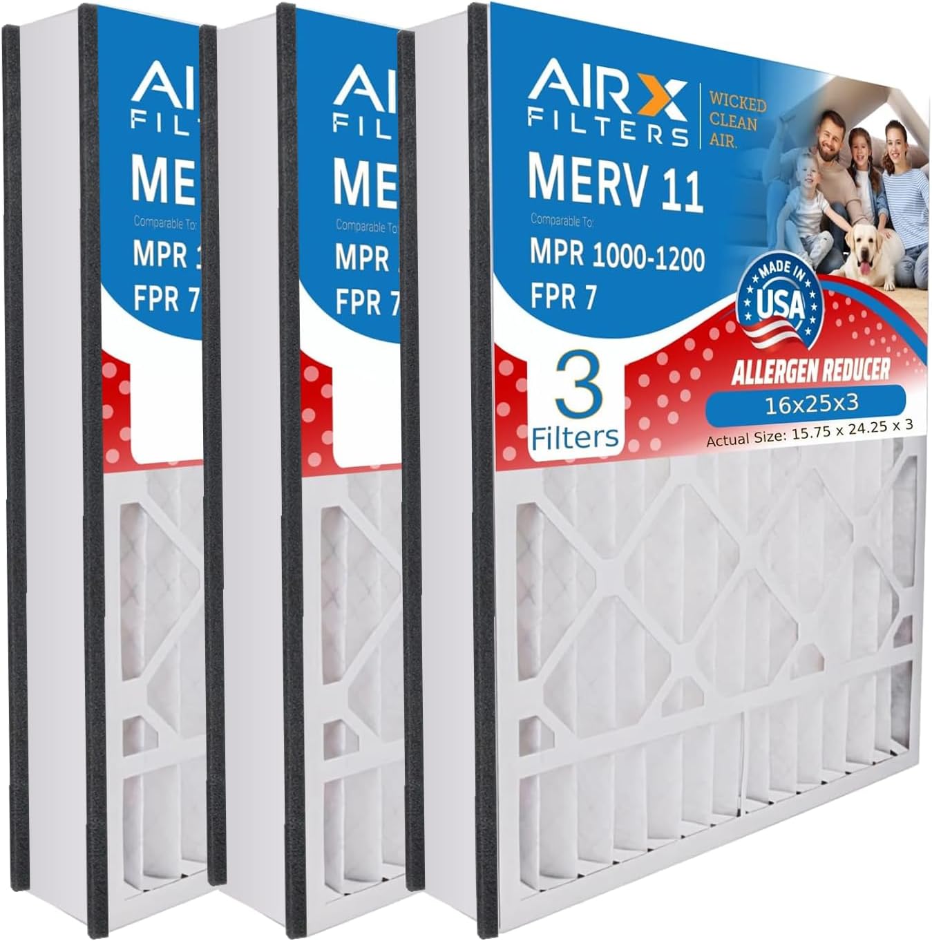 AIRX FILTERS WICKED CLEAN AIR. 16x25x3 Air Filter MERV 11 Compatible with Air Bear 255649-101 Furnace Filter 3 Pack