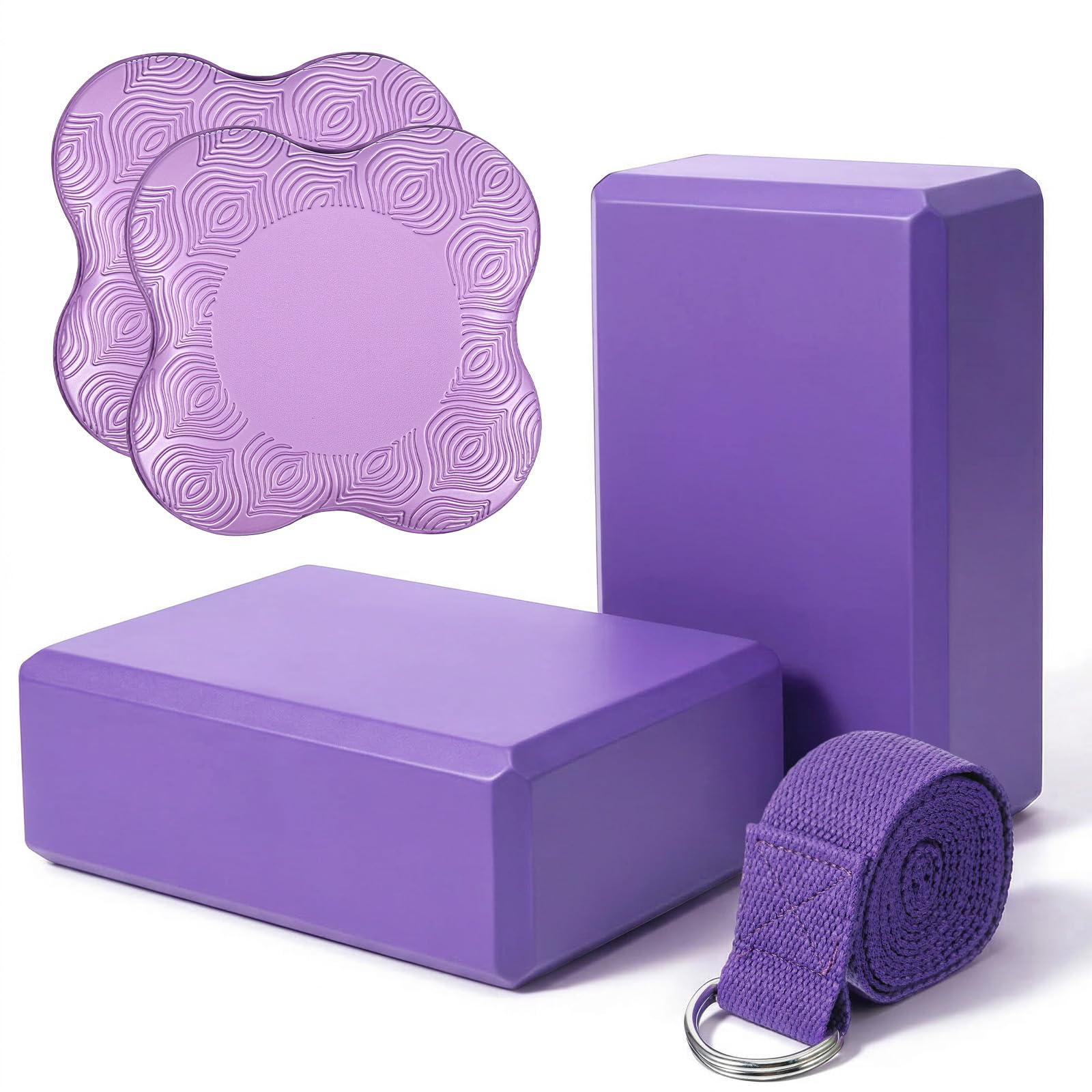 Yoga-Blöcke, Knieschoner, Yoga-Gurt-Set, weiche Premium-Schaumstoffblöcke, Zubehör für Pilates, Meditation, allgemeine Fitness, Stabilität, Knien, Gleichgewicht, Deepen Stretches und Toning, Violett