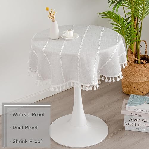 Miniatura 3 de YZKITM Mantel redondo rústico pequeño lavable a rayas de lino jacquard de peso pesado estilo granja con borlas para cocina, comedor, fiesta,