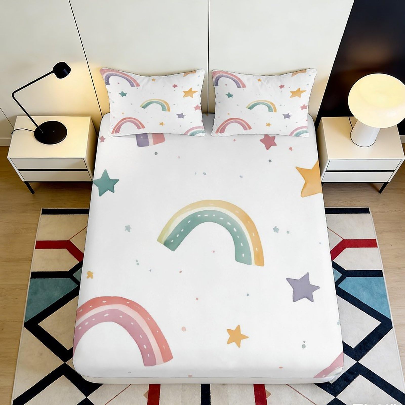 3D Printed Rainbow Stars Fitted Sheet Microfiber Deep Pocket for Adults Teens Bedroom Bedding, Rainbow Star Mattress Fitted Cover Washable Full Wrap 200x200x25cm
