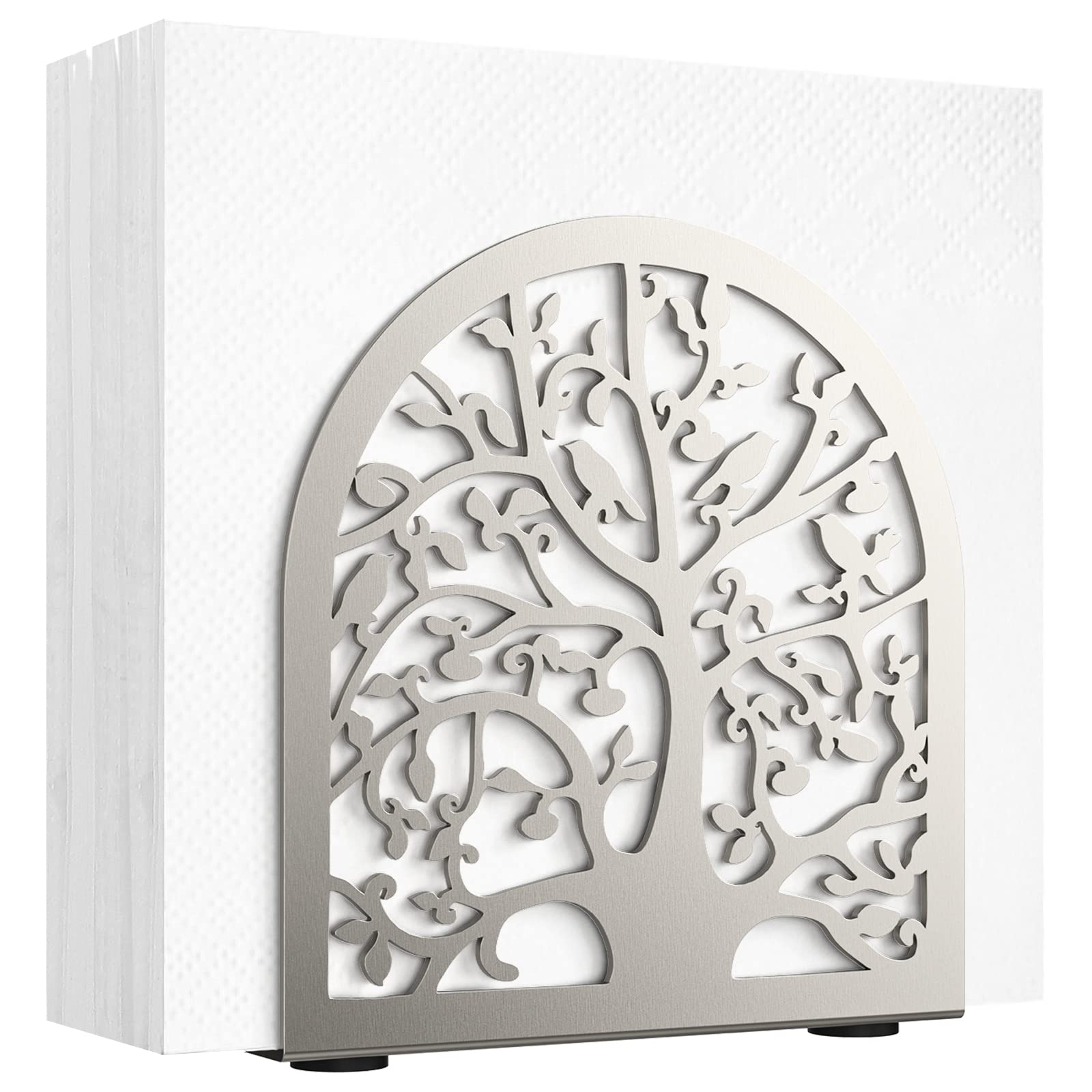 Housolution Napkin Holder, Tree & Bird Design Metal Freestanding Tissue Dispenser Organizer Iron Tabletop Paper Napkin Holder Stand for Home Kitchen Restaurant Picnic Party, Silver