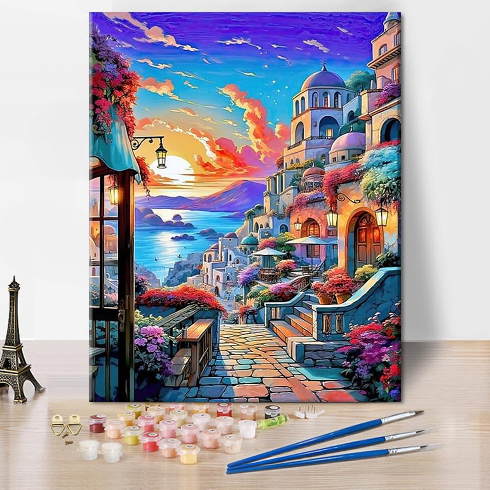 Juego de pintura por números, puesta de sol, pintura por números para adultos, con pinceles, ciudad, calle, pintura al óleo para adultos, paisaje, manualidades, 40 x 50 cm (sin marco)