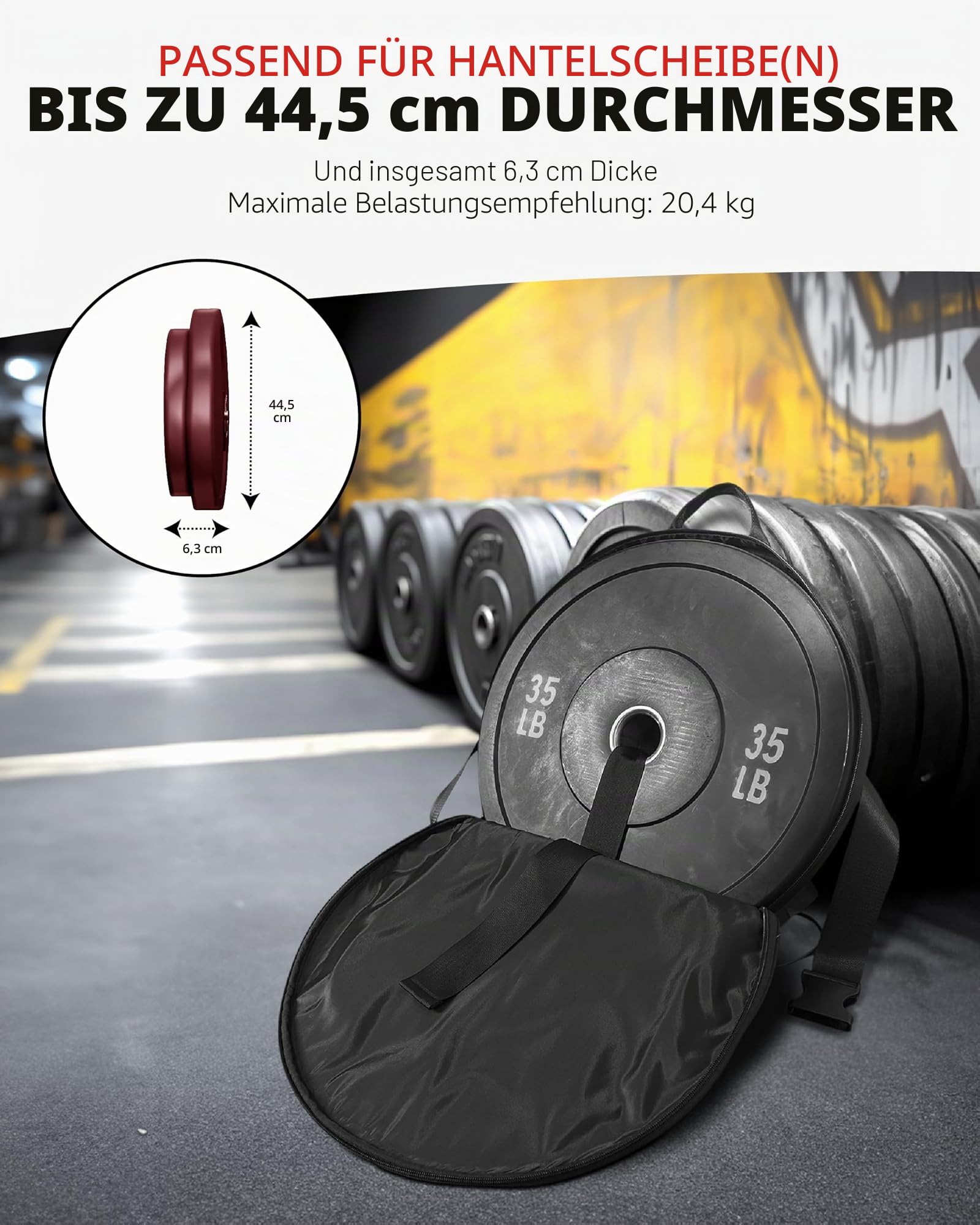 THEFITGUY Gewichteter Rucksack für Hantelscheiben im Fitnessstudio, für Liegestütze, Wadenheben, Kniebeugen, Tragen auf Rücken oder Vorderseite, passend für bis zu 44,5 cm Durchmesser, 6,3 cm dicke