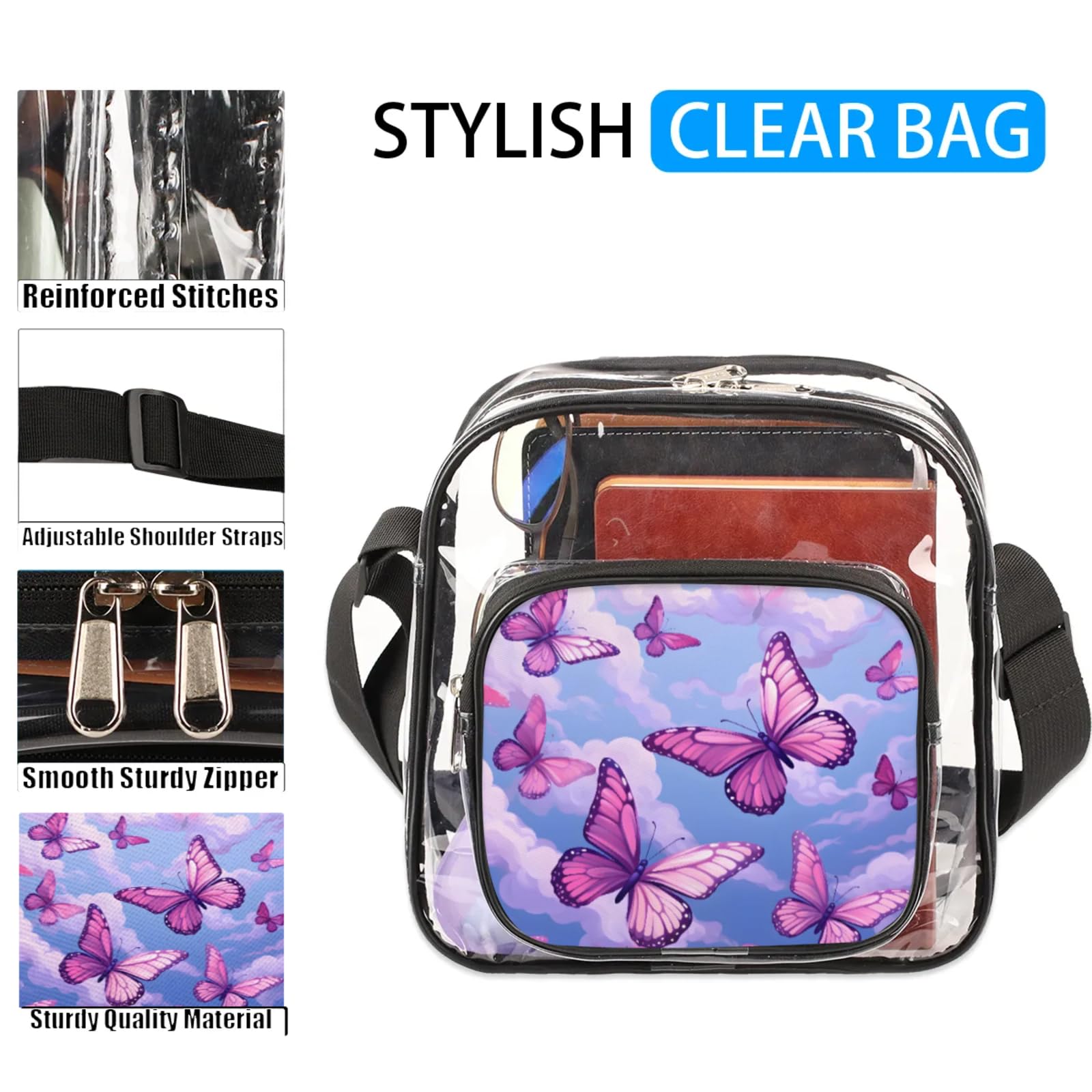 Clear Crossbody Bag Stadium Approved Purple Butterfly Transparent Bag for Festivals, Sports Events, Concerts,Beach Bag for Women Men Butterfly Clear Purse with Front Pocket Messenger Bag