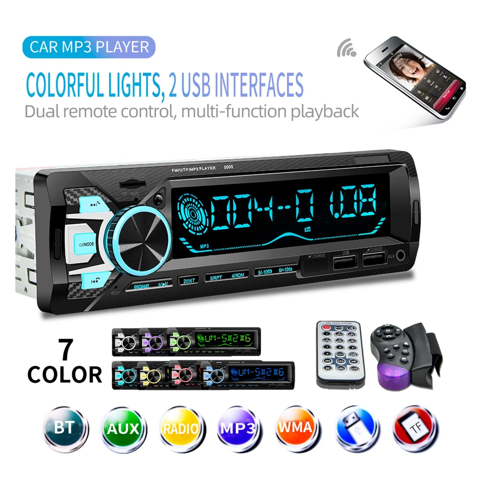 Audio de Radio automóvil 3.5 "Bluetooth estéreo Mp3 Jugador FM Transmisores con Control Remoto Aux/USB/SD/BT Aporte Aplicación Control(NO Remote Control)