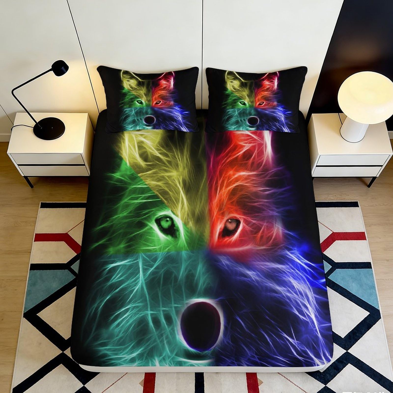 3D Printed Neon Wolf Fitted Sheet Microfiber Soft Breathable Colorful Fox Bed Cover for Bedroom Dormitory Guest Room Mattress Protection Decor 200x200x25cm