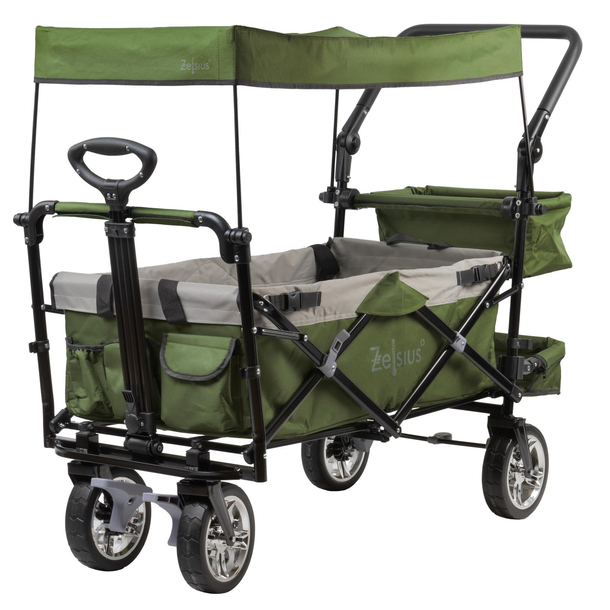 Zelsius Chariot de transport pliable avec toit | Vert/gris | Chariot de transport avec système de sangle | Chariot à main pliable | Chariot de jardin pliable avec toit pare-soleil et diable de