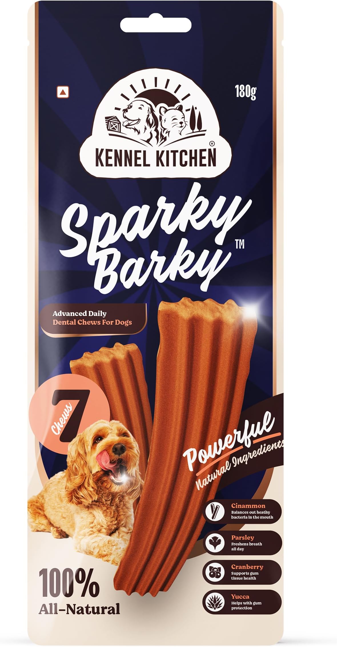 Kennel Kitchen Dog Treats | Sparky Barky Dental Sticks for Dogs | 180G, 7 Sticks | Advanced Daily Dental Chew Sticks | Contains Cinammon, Parsley, Cranberry & Yucca, All Life Stages
