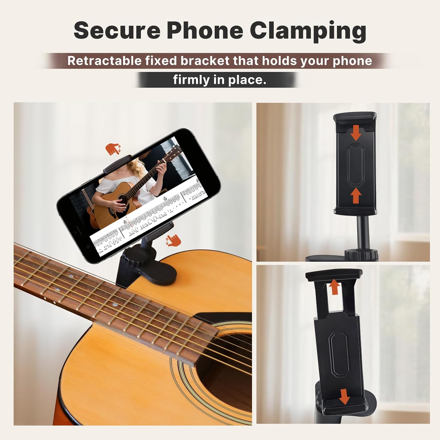 Guitar Phone Holder - Adjustable & Rotatable Guitar Mount for Guitars/Ukulele, Universal Smartphone Compatibility, Ideal for Digital Sheet Music, Teaching Videos, Live Streaming & Recording