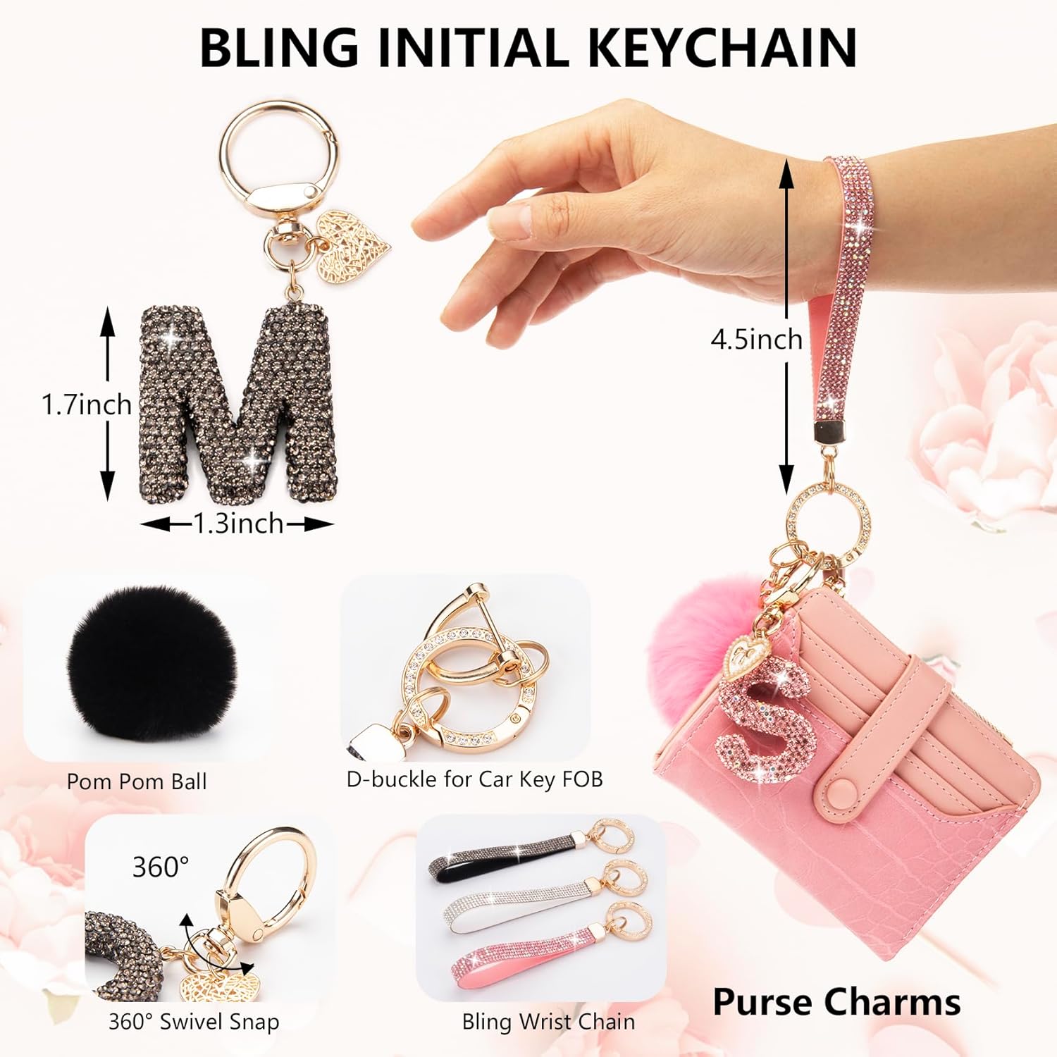 Initial Letter Keychain for Women Girl Bling Rhinestone Sparkly Bag Backpack Purse Charm Cute Pom Pom Key Chain Wristlet - Image 2