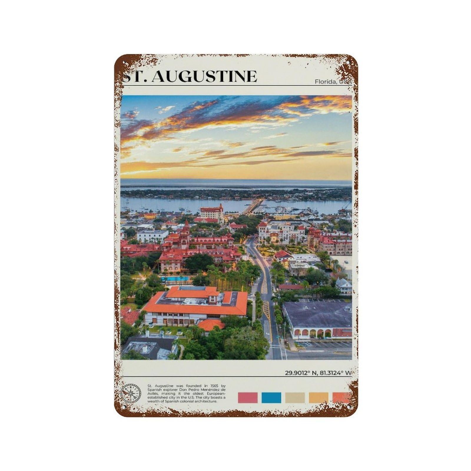 xiaoxiaoshen Real Photo St Augustine Saint Florida Wall Decor Art Metal Tin Poster Modern Home Decor Art Home Bar Shop Decorations Vintage Sign 30x20cm
