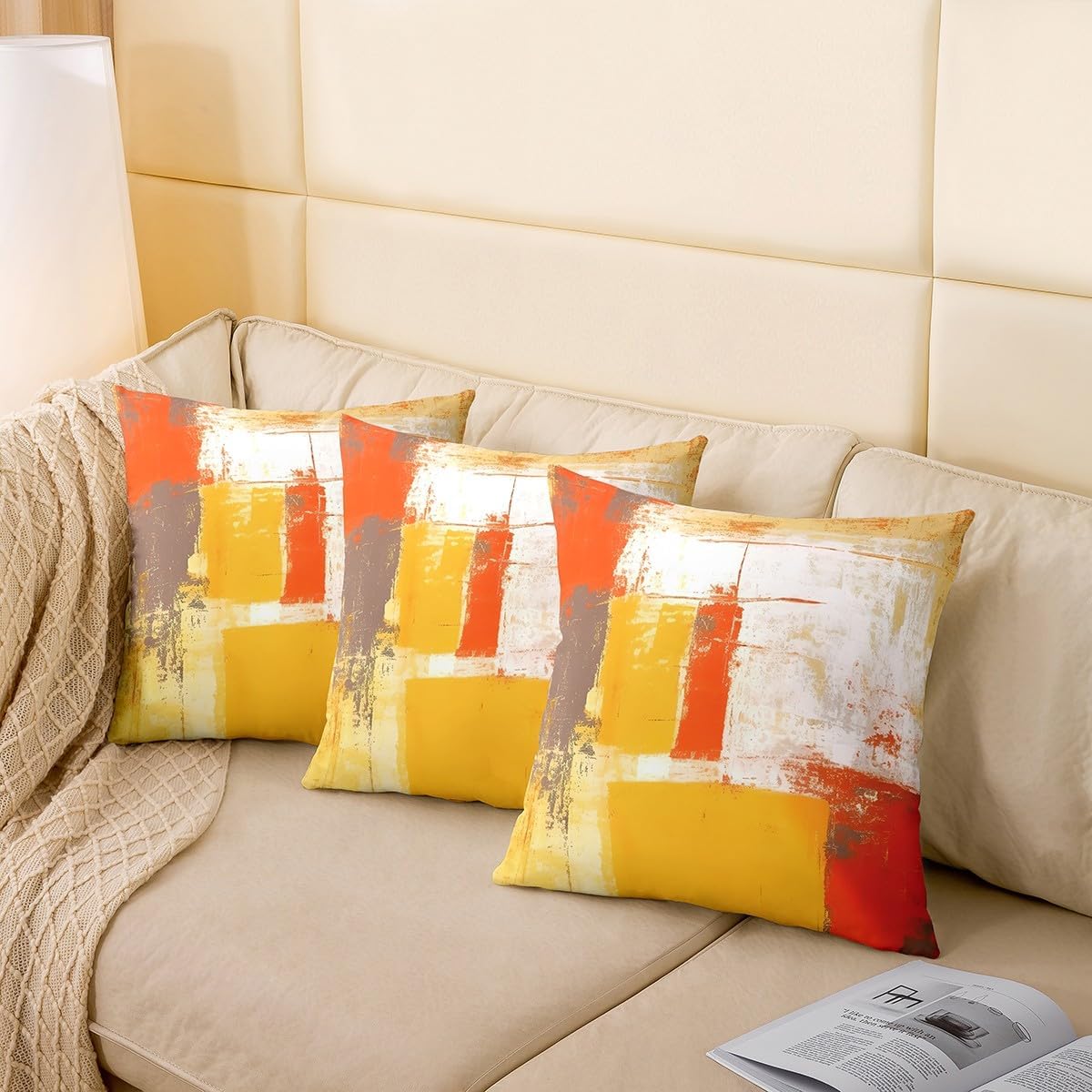 Orange Throw Pillow Covers, Set of 4, 20x20 Inches, Burnt Orange Grey Decorative Pillow Cover, Abstract Art Painting Pillow Cases, Modern Accent Cushion Cover for Sofa Couch Bed Chair Living Room