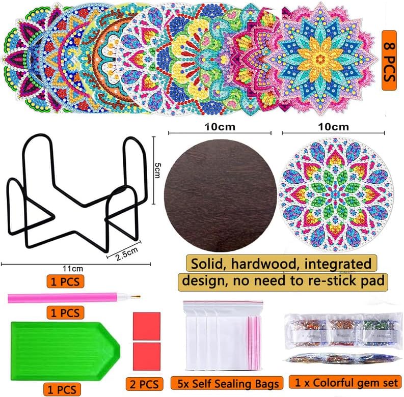Miniatura 2 de Liccyy Kits de posavasos de pintura de diamantes con soporte, kits de posavasos de madera para principiantes, adultos, kit de pequeños puntos de
