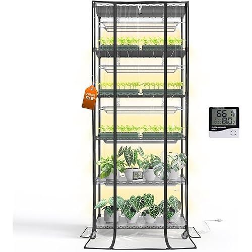 Bstrip 71" Indoor Greenhouse with Grow Light, 6-Tier DIY Plant Shelf with Adjustable Rack and Wheels, 8-Pack 192W Full Spectrum LED Plant Light for Indoor Plants, Seed Starting, (29.5" L x 13.8" W)