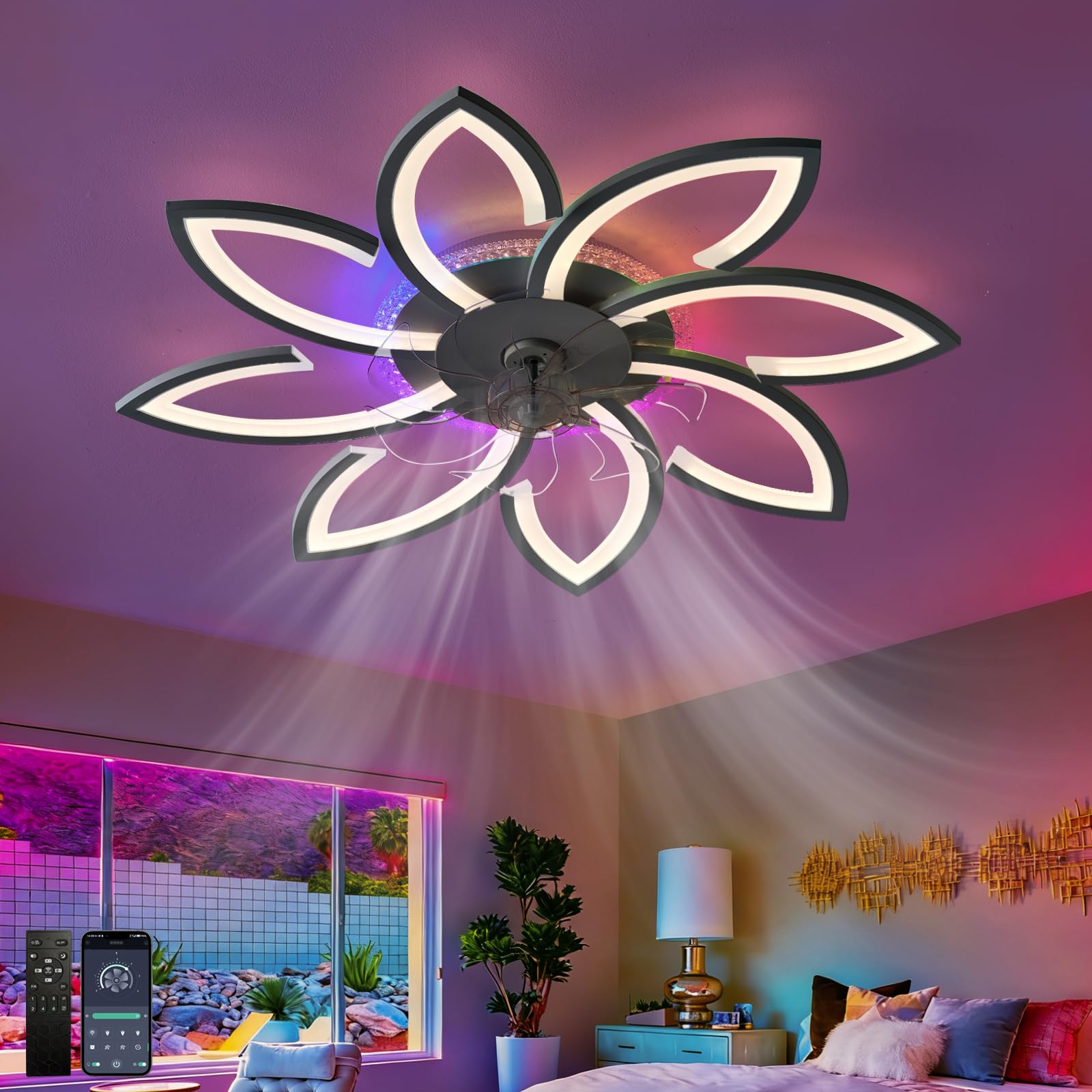 Fachae RGB Ceiling Fan with Lights and Remote Control Reversible Quiet DC Motor Bedroom Fan Light LED Dimmable Living Room White Modern Flower Ceiling Fan Designs,6 Lights,6 Speed,Memory Function — image 1