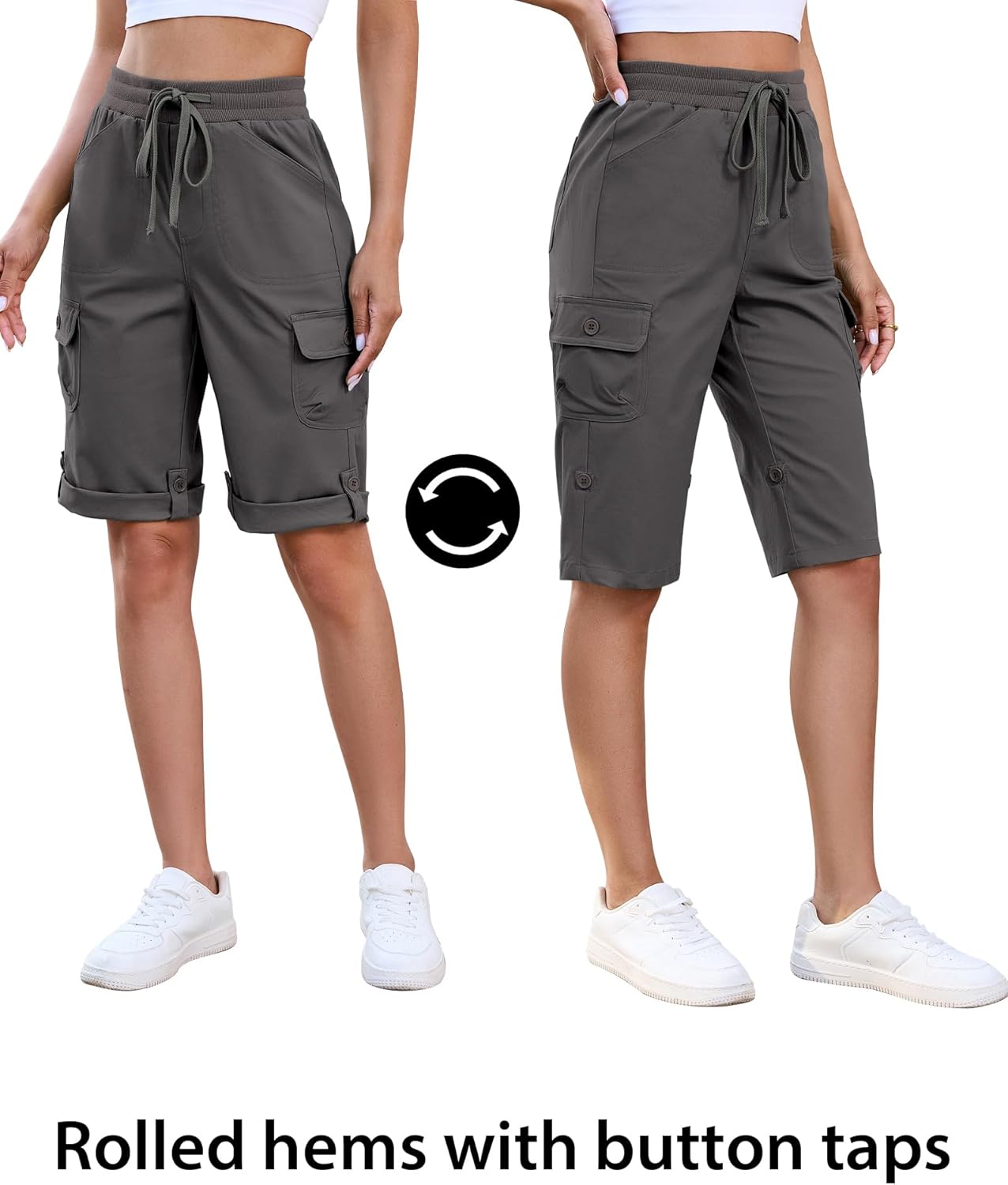 luvamia Bermuda Shorts for Women Knee Length Pull On Elasitc Waist High Rise Fold Hem Casual Summer Chino Cargo Shorts - Image 5