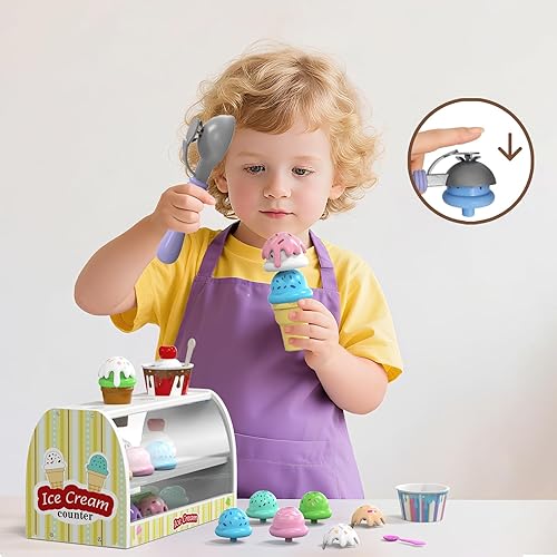 Miniatura 5 de Juguete de helado para niños  Juguetes para niñas de 3 a 4 años, contador de helado de madera con delantal, cuchara, menú, dinero falso, regalos