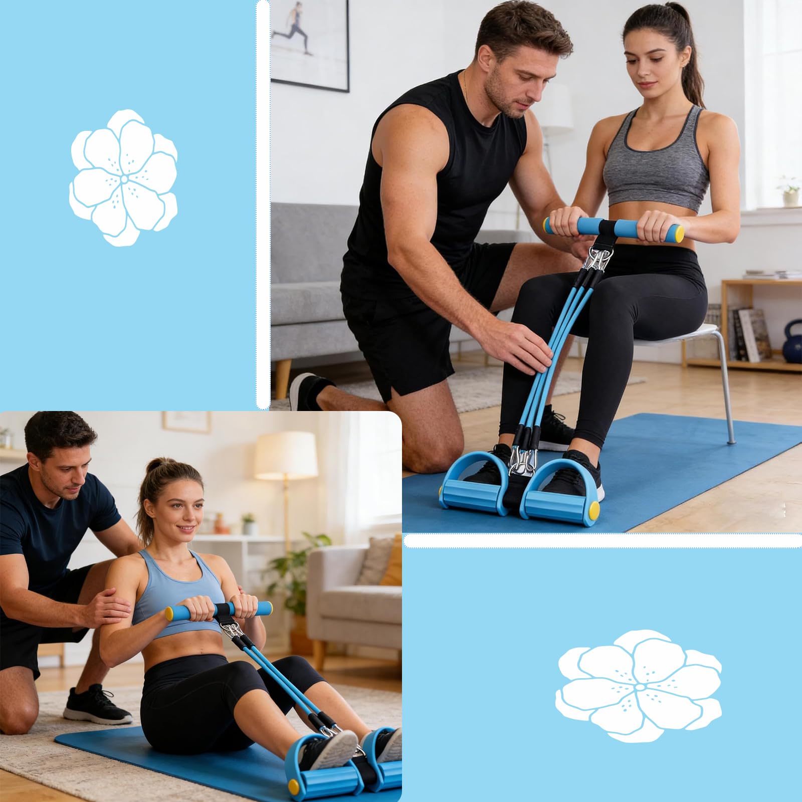 Corda per Crunches con Pedali, Elastico Sit Up Pull Rope Pedale Fascia, Fitness Corda Eelastica per Pedali, 3 Tubi, Rimovibile, con Schiuma Elastica Maniglia, per Fitness, Perdita di Peso, Yoga(Blu)