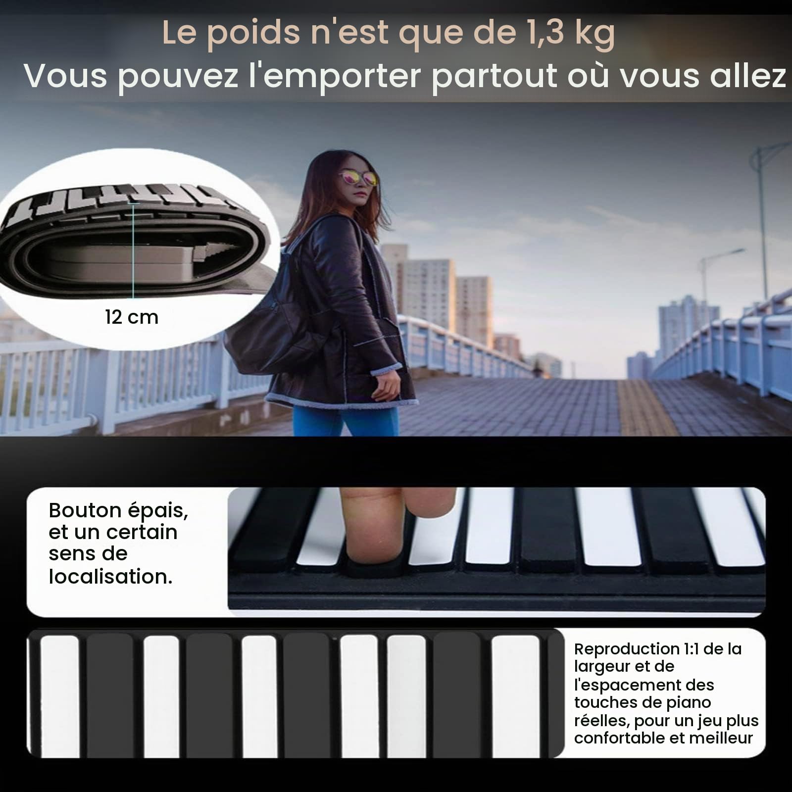 Lychee Clavier Piano Electronique Portable Flexible à 61 Touches Retroussé Roulé Roll Up Piano Souple Flexible MIDI Pliant Instruments de Musique