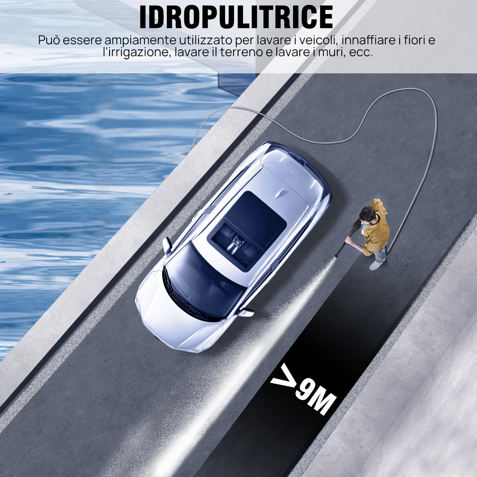 Idropulitrice a batteria,45bar 652PSI Idropulitrice Elettrica portatile, con Ugelli 6 in 1, 5m Tubo, 3000mAh Batterie e Caricabatteria per Lavaggio, Auto, Giardino, Terrazza, Prato e Annaffiare Fiori
