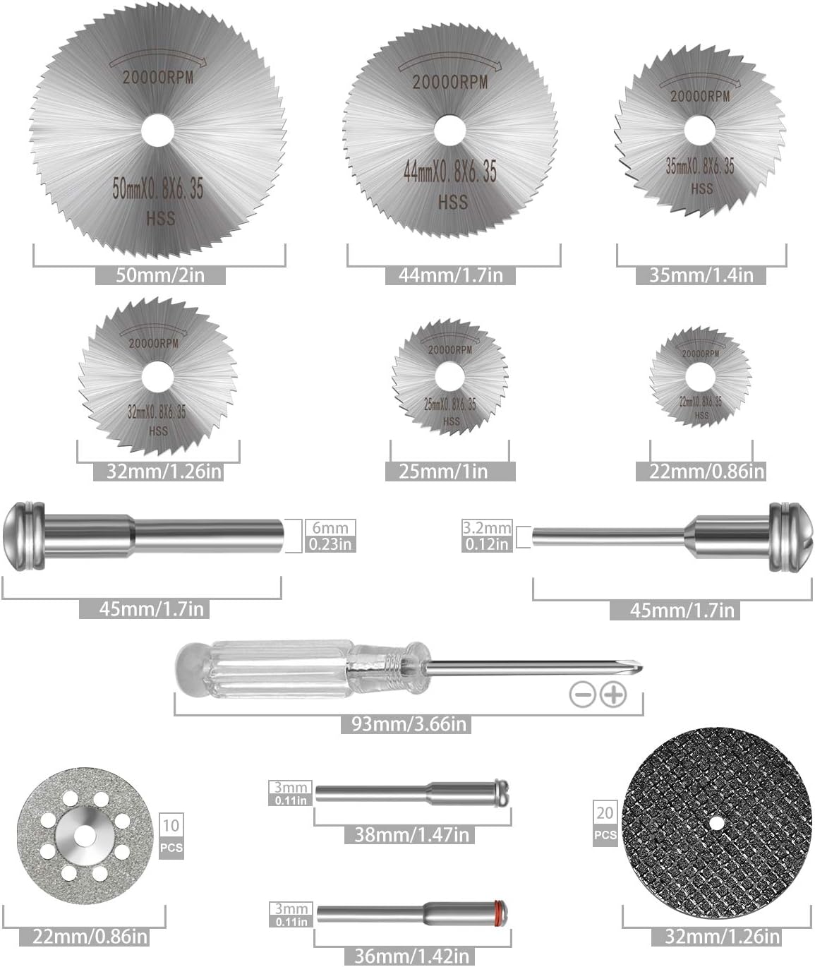 Kuenuilr Cutting Wheel Set Compatible with Plastic 36pcs for Rotary Tool, HSS Circular Saw Blades 6pcs, Resin Cutting Discs 20pcs, 545 Diamond Cutting Wheels 10psc with 2 Screwdrivers