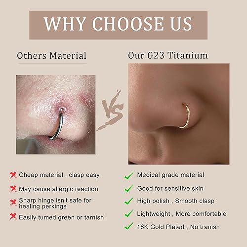 Miniatura 4 de MILACOLATO 5 aros de nariz de titanio G23 de 16G18G20G, con bisagras, para septum, anillos de clicker para cartílago de labio, hélix, rook, tragus,