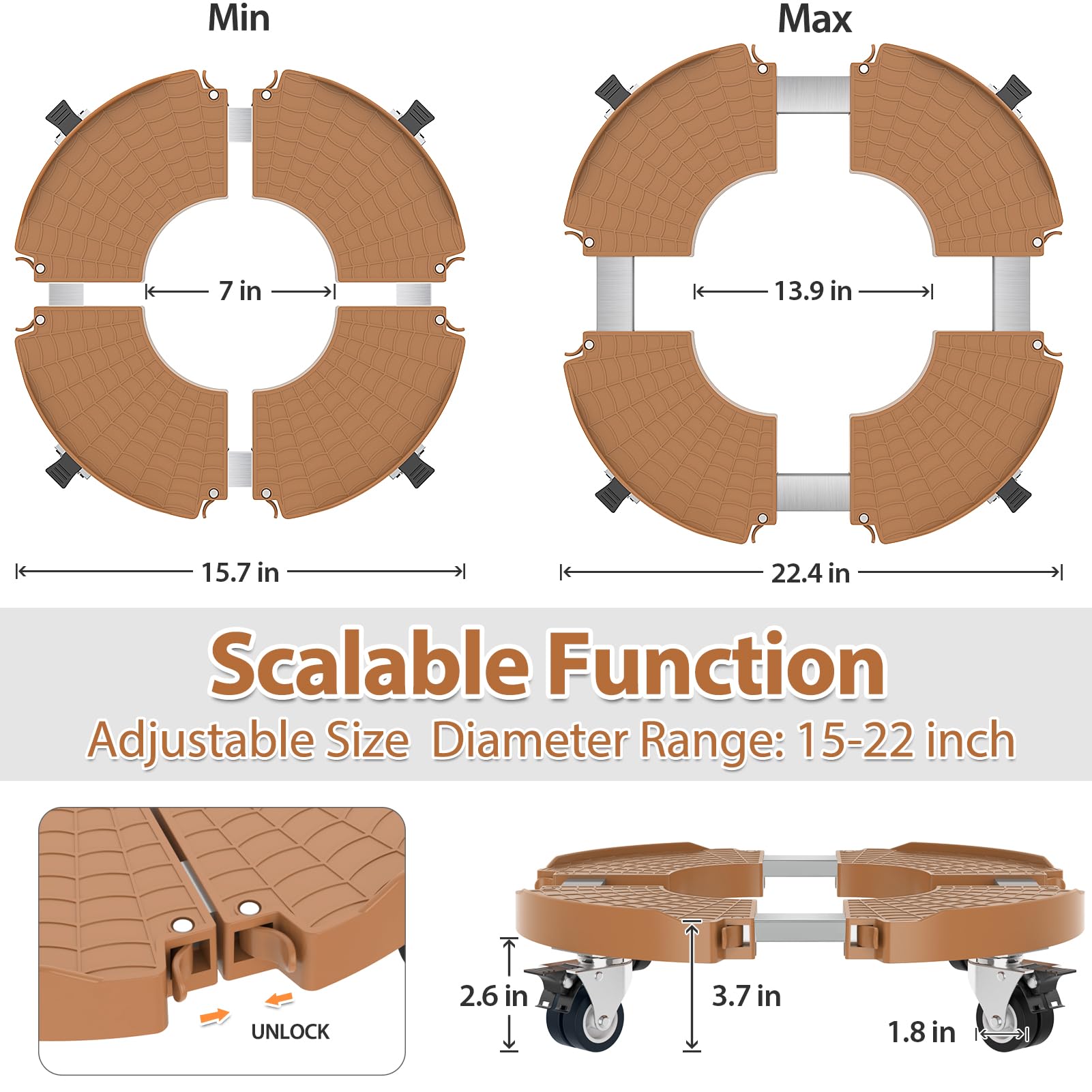 VANCASTLE Plant Caddy with Wheels Heavy Duty 440lbs Capacity, Adjustable 15-22 Inch Rolling Plant Stand, Large Plant Cart Dolly with Casters for Flower Pot Garden Pot Mover, 1 Pack, Adobe