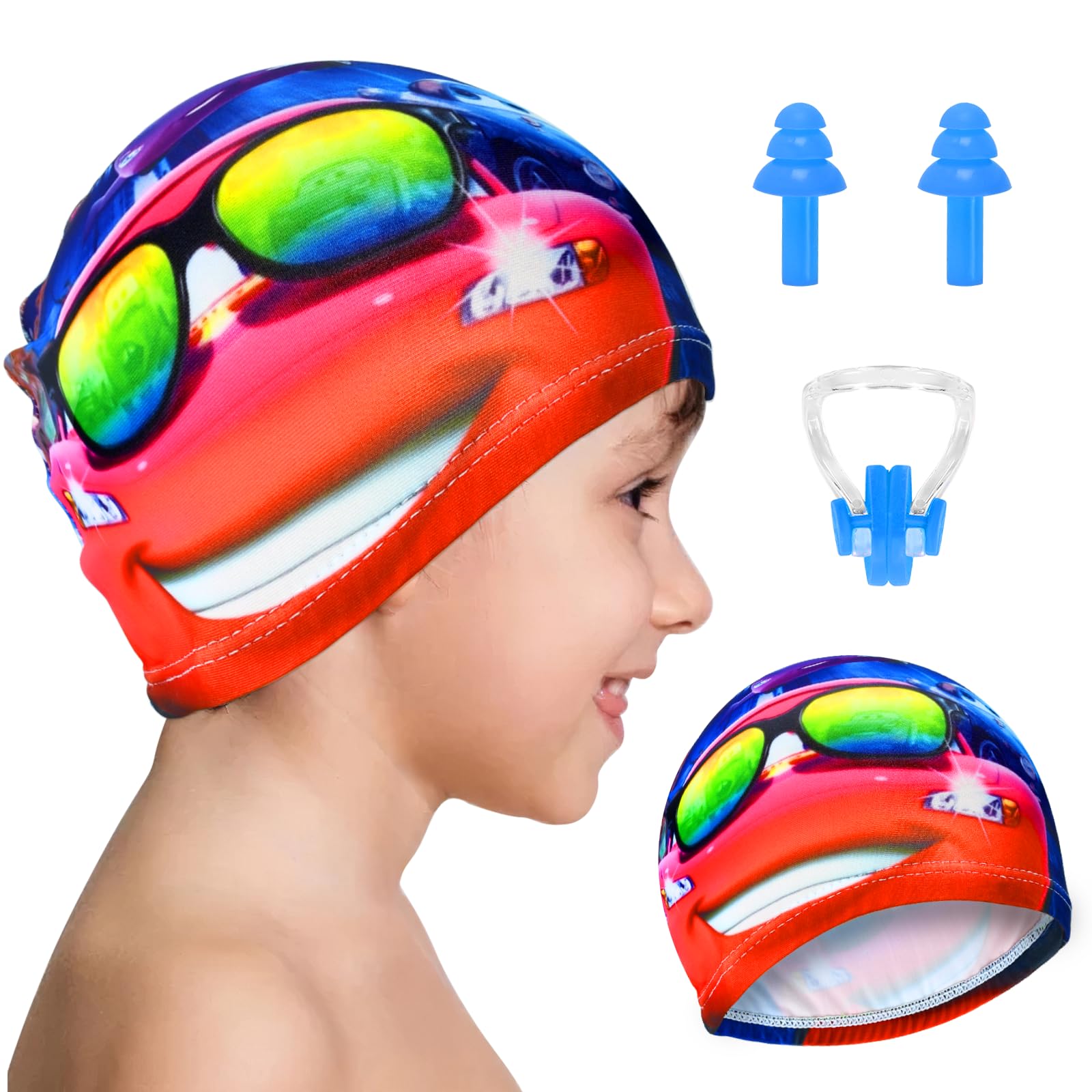 Gorros de Natación para Niños, Gorro de Natación de Poliéster con Pinza Nasal y Tapones Oidos Natación, Gorro Piscina Niño Elástico Gorros Natación para Niños Impermeable para