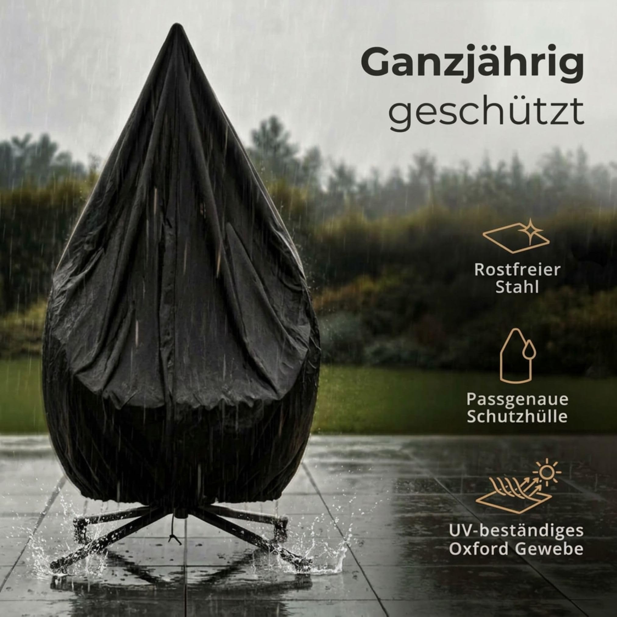Luxus Hängesessel mit Gestell für Outdoor & Indoor – Ganzjähriger Loungesessel mit Sommer-/Winter-Wendebezug, bis 150 kg belastbar, inklusive robuster Abdeckplane, faltbar, Grau