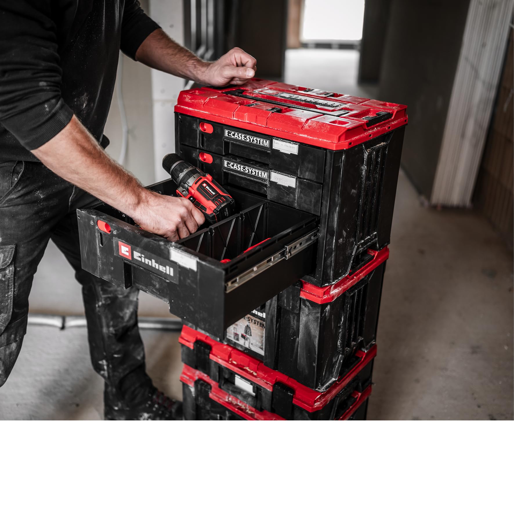 Original Einhell maletín de cajones E-Case (Einhell sistema de maletín E-Case, 41,5 x 25 x 28 cm, carga útil máx. 60 kg, 2 cajones de 5,5 cm de altura, 1 cajón de 12,5 cm de altura, asa de transporte)