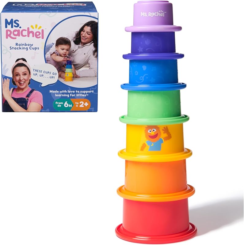 Ms. Rachel Rainbow Stacking Cups, juguete de aprendizaje Rainbow de 7 piezas | Juego de copas anidadas de siete piezas, fomenta el crecimiento de las habilidades motoras finas, juguetes para niños pequeños para niñas y niños de 6 meses a más de 2años