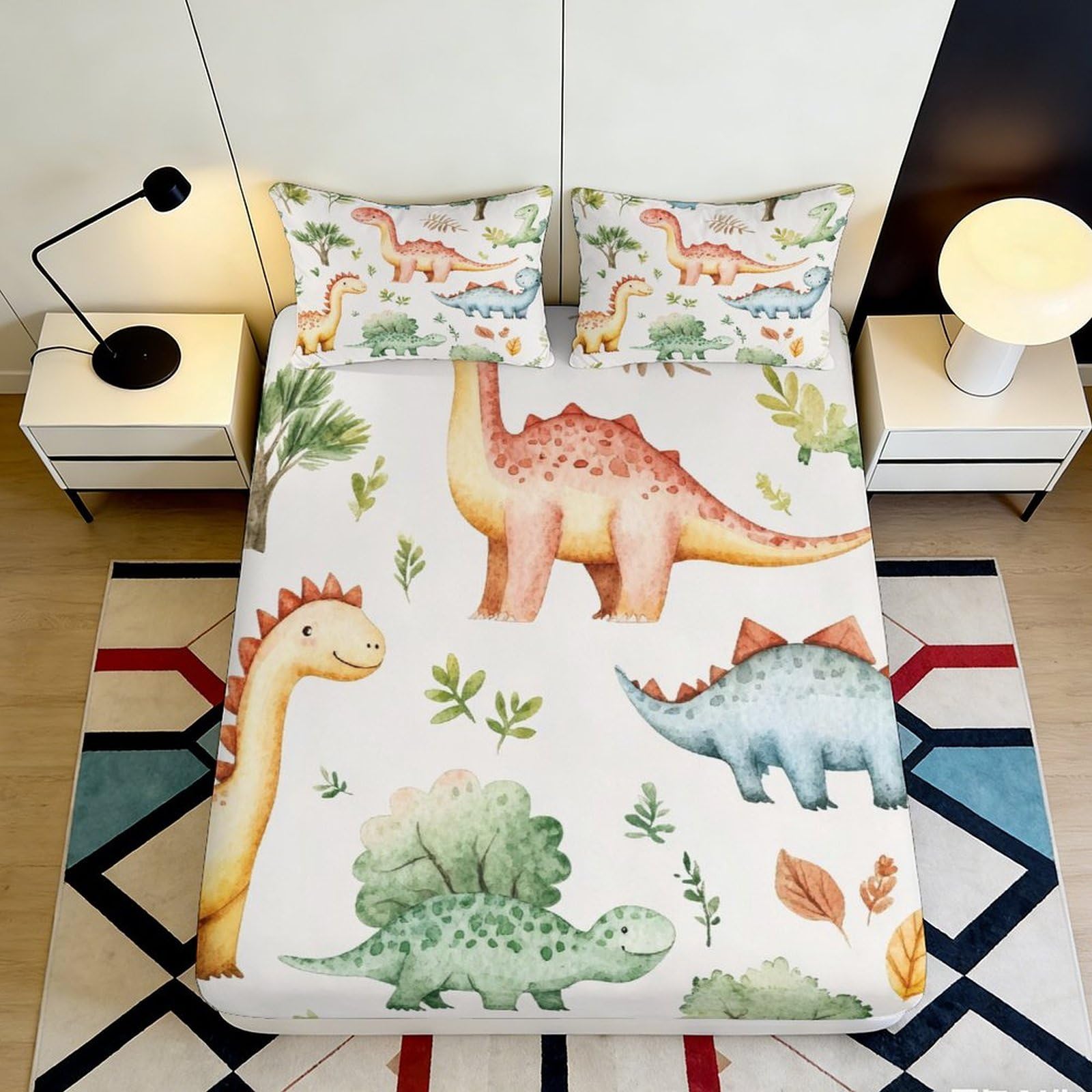 3D Printed Dinosaur Cartoon Fitted Sheet Microfiber Soft Breathable Forest Animal Mattress Cover for Bedroom Dorm Mattress Protection Decor 160x200x25cm
