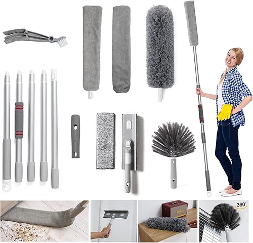 Limpiador de polvo retráctil, plumero lavable con poste de extensión de 30 a 92.5 pulgadas, herramientas de polvo con plumero de microfibra,
