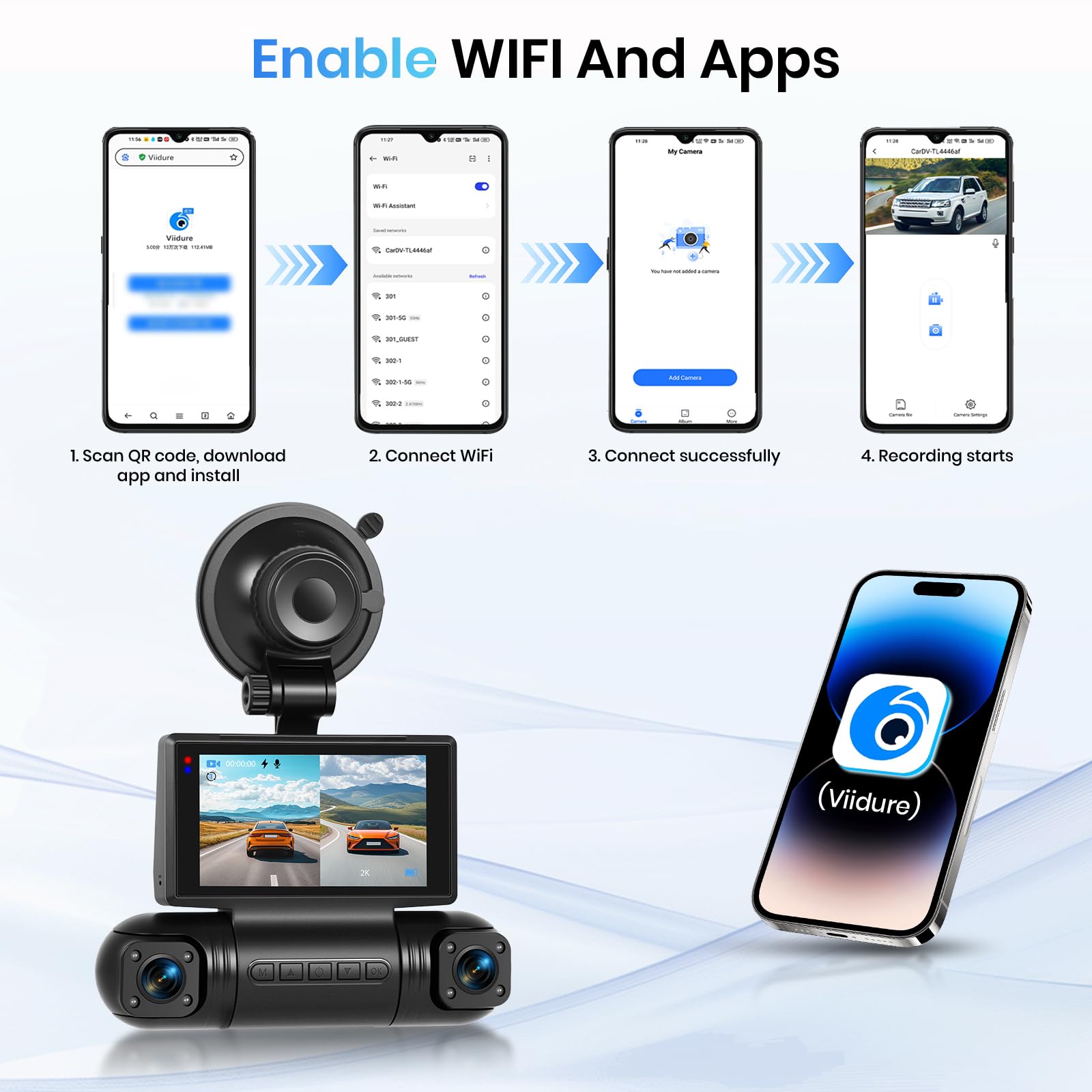 Hodozzy Kamera samochodowa 2K 360° z WiFi, 4 tylne kamery wewnętrzne po lewej stronie, Nachtsicht Ohne Licht, ekran dotykowy IPS 3", nagrywanie w pętli, czujnik G, sterowanie aplikacją