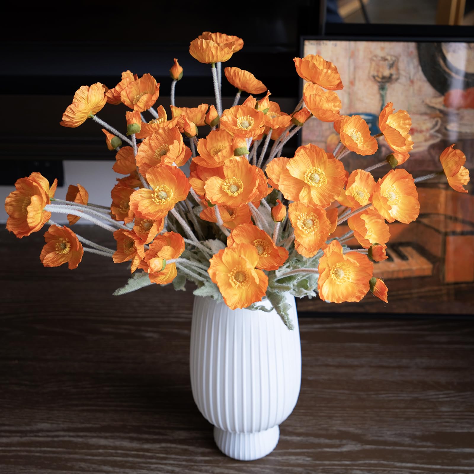 DUYONE 6 tiges de Coquelicot artificielles en Soie pour décoration d'intérieur, Bouquet de Mariage, Centre de Table, Plantes artificielles Corail, Fleurs en Soie pour décoration (Orange)