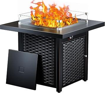 Ciays Propane Fire Pit, 28 Outdoor Gas Fire Pit, 50,000 BTU Steel Fire Table with Glass Wind Guard, Lid & Lava Rock, Add Warmth and Ambience to Gatherings On Patio Deck Garden 2 Packages