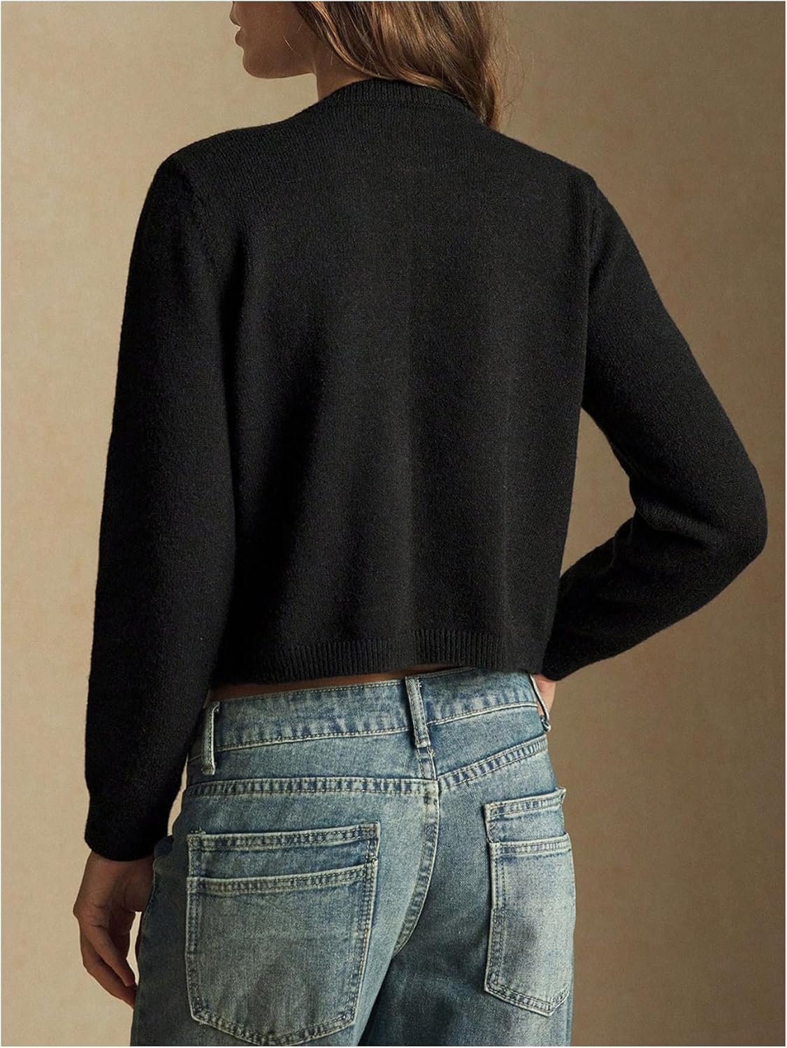 Women's Gem Button Cardigan Crew Neck Cropped Sweaters Elegant Fall Outfits - Image 3