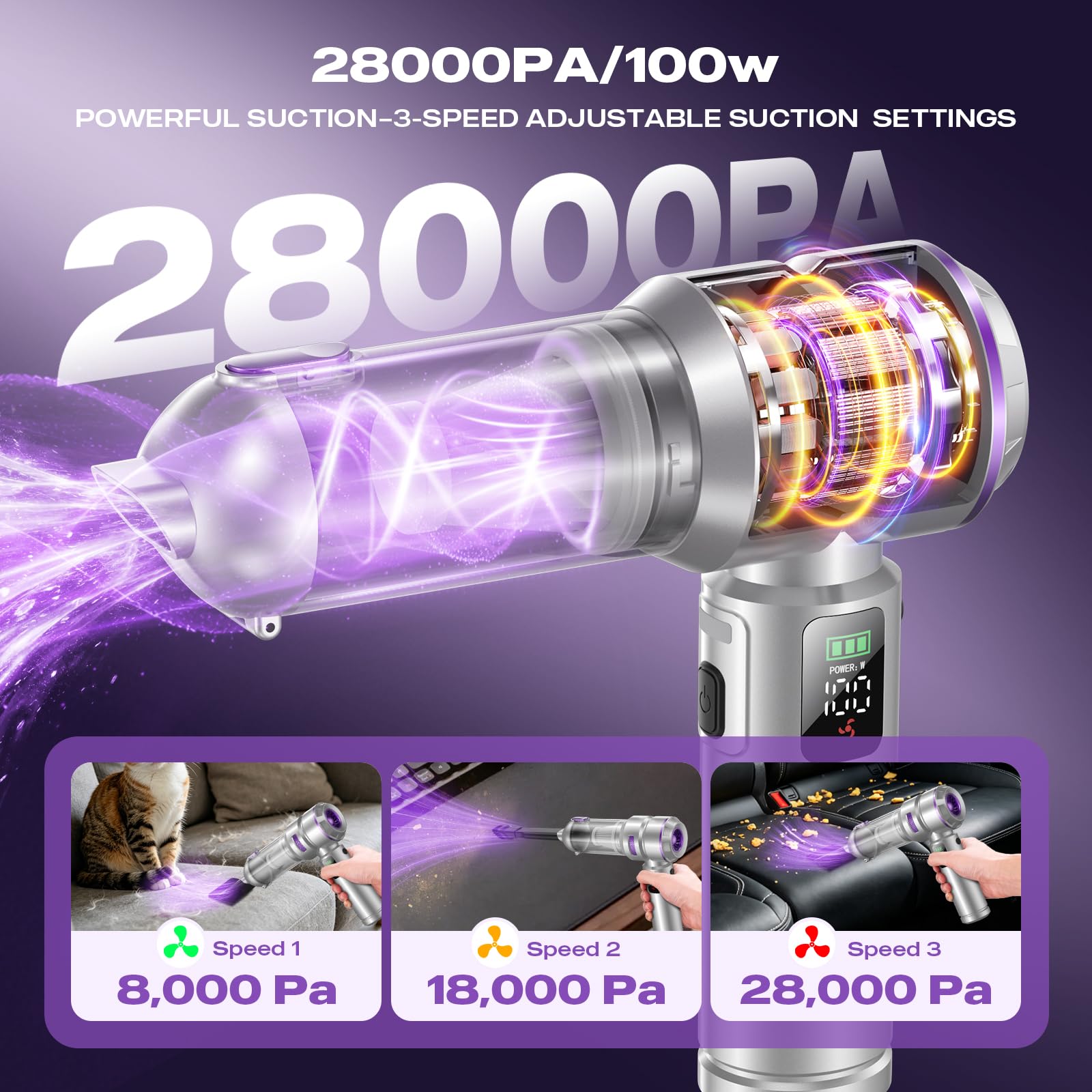 SLOKSFil Handstaubsauger Akku 4-in-1, 28000Pa/100W, 3-Gang 240000 U/min Elektrische Staubgebläse Druckluftspray LCD Display, 6000mAh für Auto,Küche,PC,Sofa,Büro,Haus& Tierhaar Reinigung