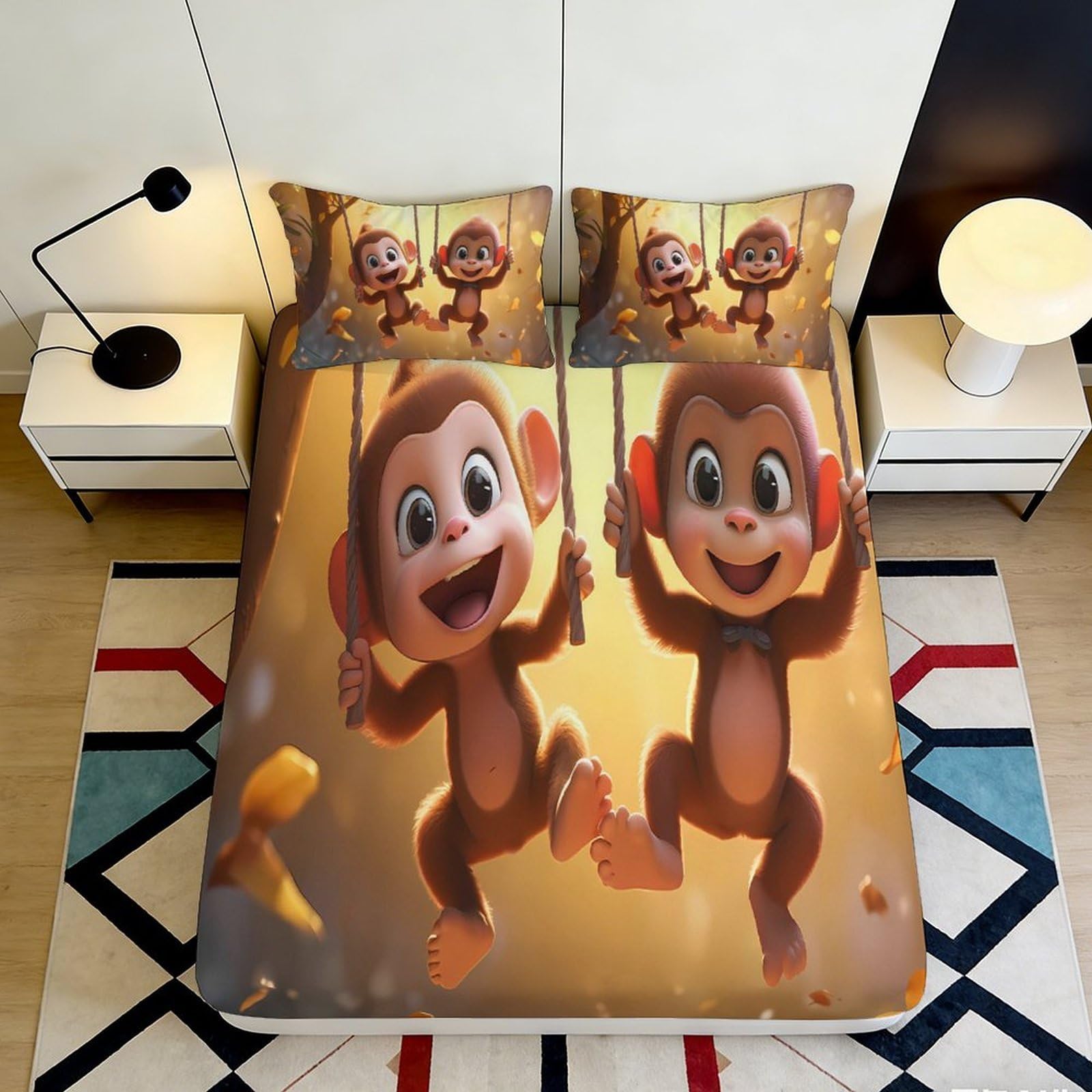 Jqzkxnhpbr Style-6 3D Printed Cartoon Monkey Fitted Sheet Microfiber Soft Anti-Slip Bed Cover For Kids Teens Bedroom Dorm Mattress Decor 90X200x25cm