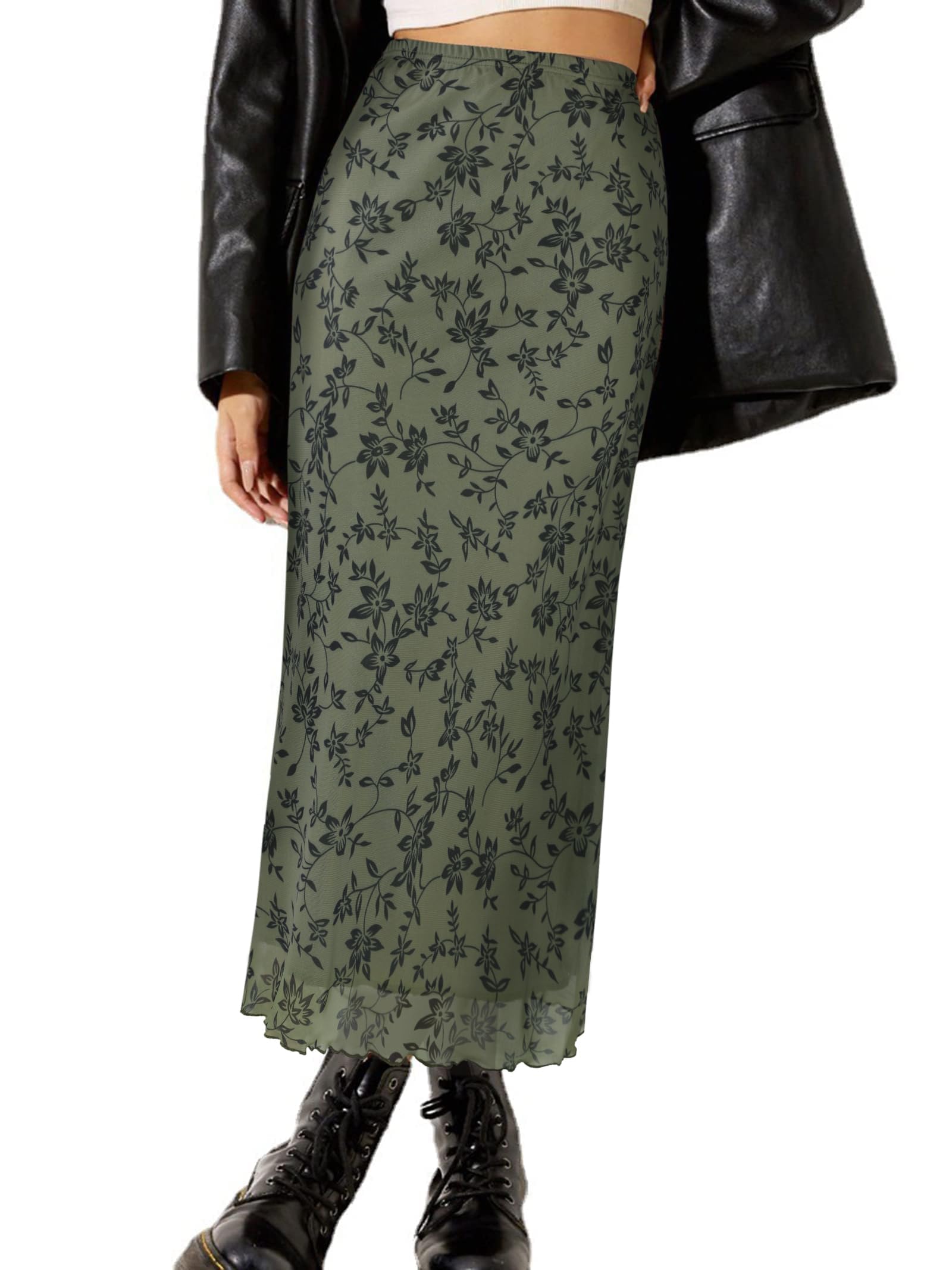 Avanova Women's Ditsy Floral High Waisted Skirts Lettuce Trim Summer Fall Bohem Midi Skirt