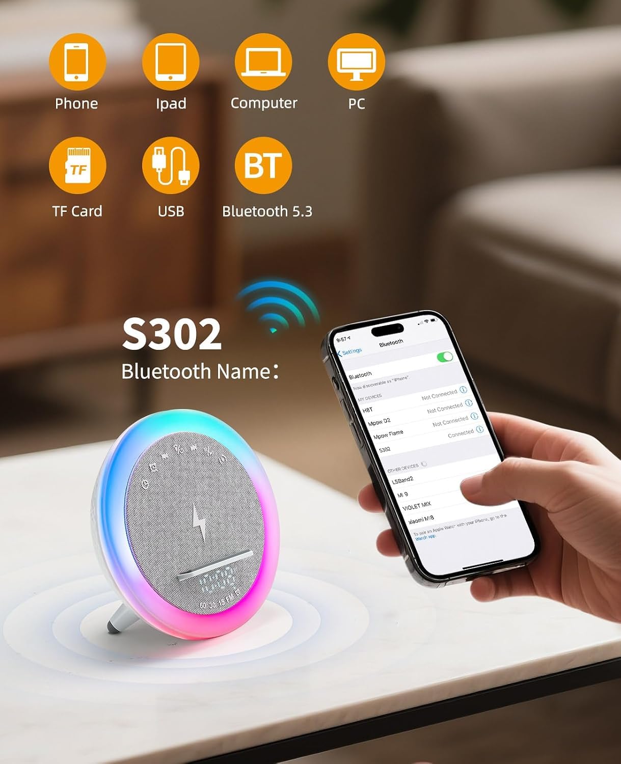 Lampe Chargeur sans Fil, Réveil avec Chargeur à Induction, Haut-Parleur Bluetooth éclairage ambiant synchronisé avec la Musique, Réveil numérique, pour lit/Salon