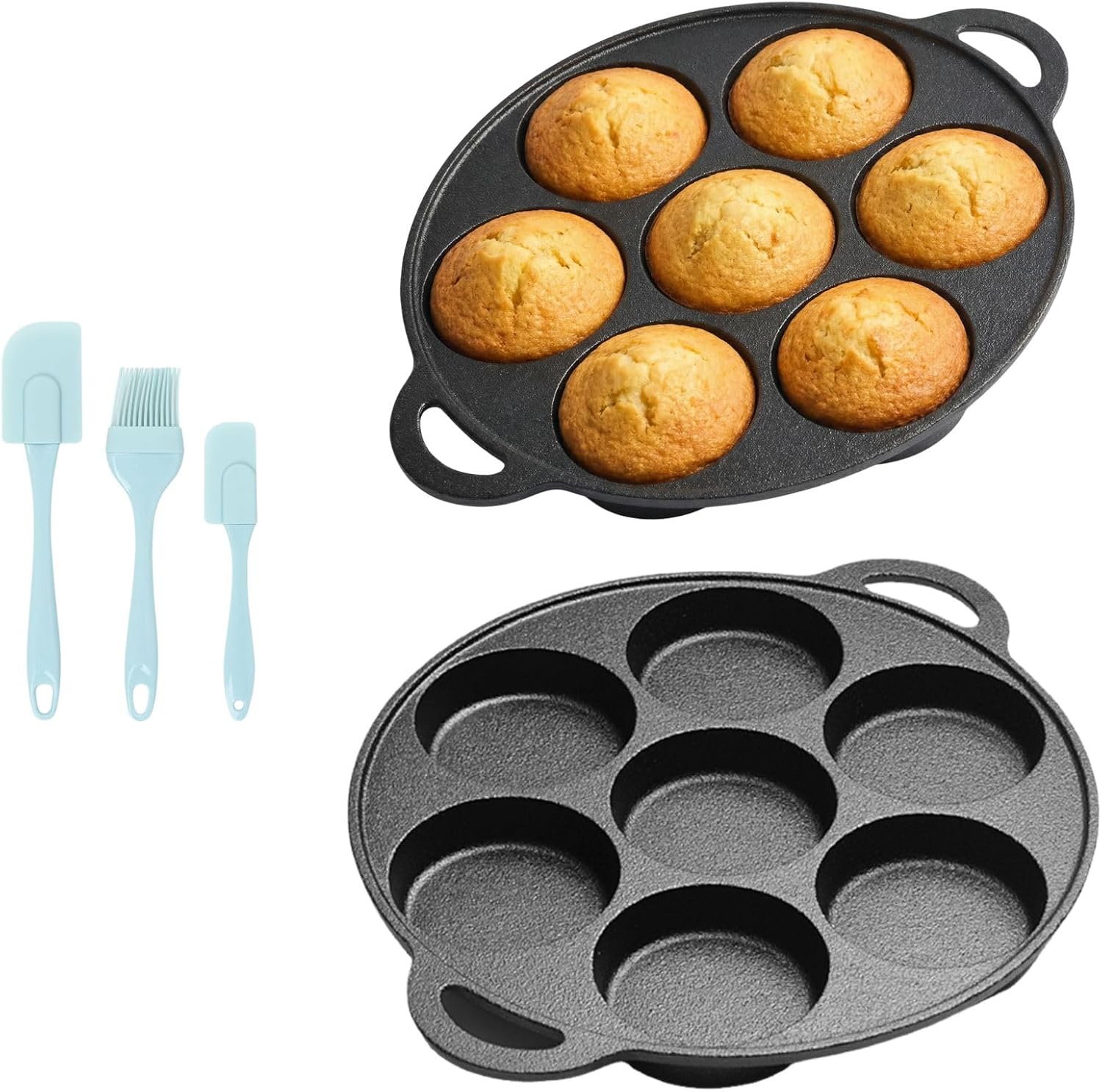 Cast Iron Egg Pan Set of 2-2.95 Inch Cast Iron Biscuit Pan - Pre-Seasoned Cookie & Muffin Pan - Even Heat Distribution for Perfect Brownies
