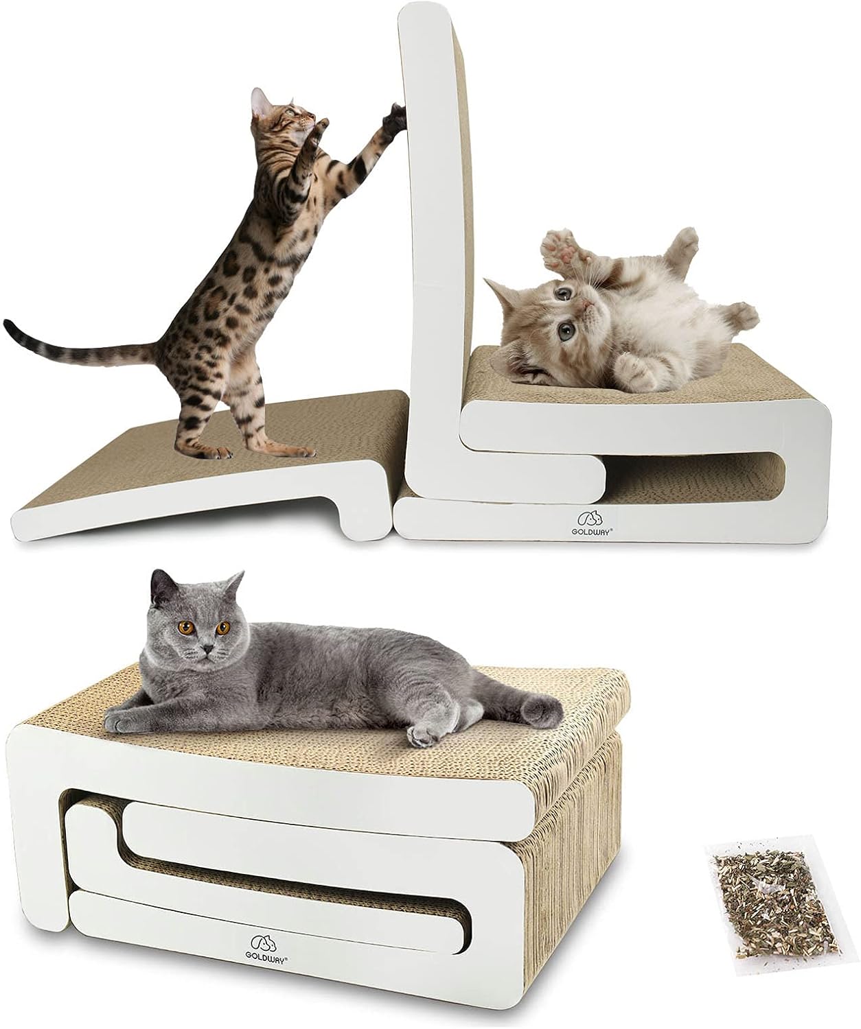 Cat Scratcher, 3 in 1 Combo Cat Scratching Post, Cardboard Cat Scratchers for Indoor Cats, Simple Installation, Double-Sided Use (White)