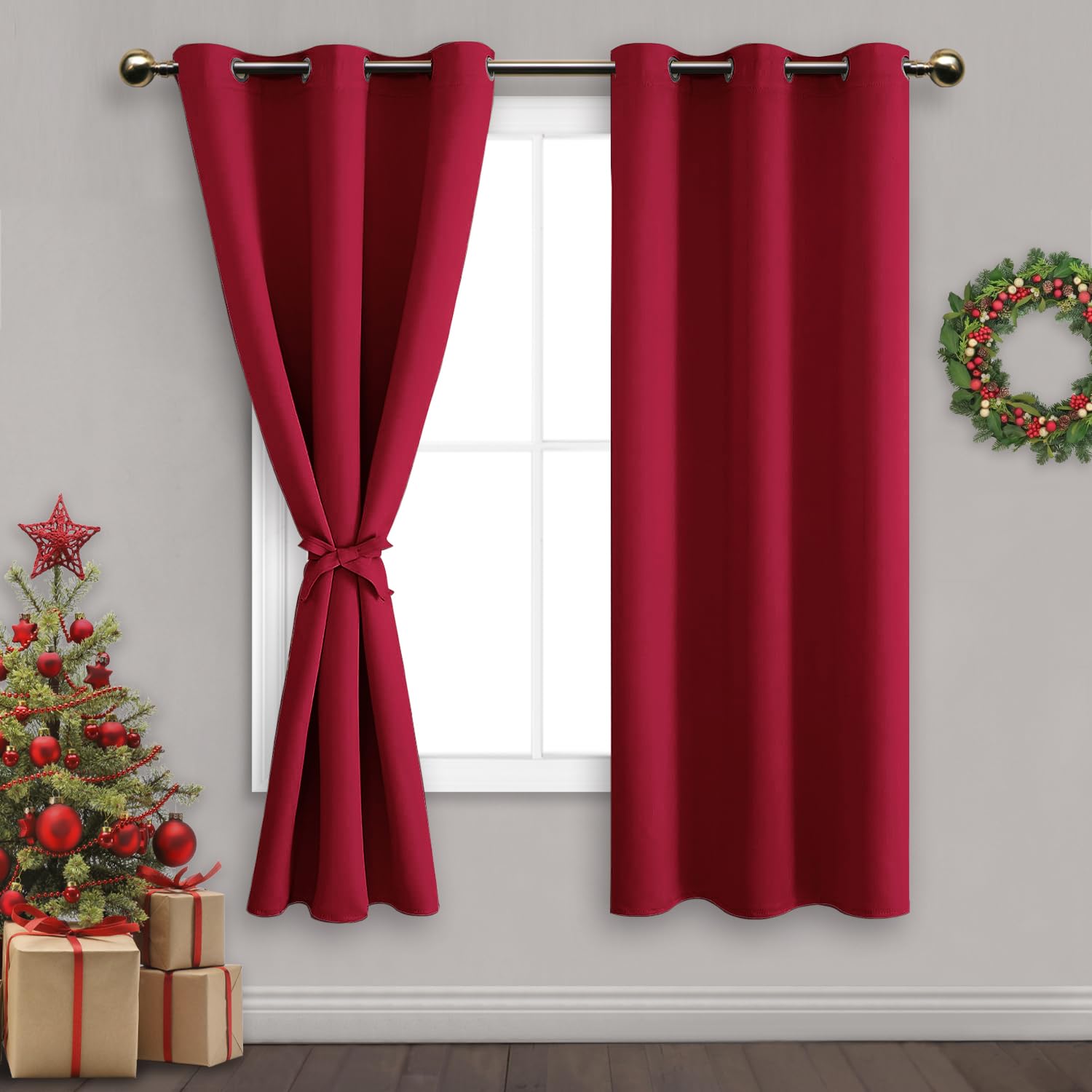 DWCN Blackout Curtains with Tiebacks - Christmas Thermal Insulated Privacy Protection Grommet Window Curtains for Living Room Bedroom, 42 x 63 inch Length, Red, 2 Panels — image 1