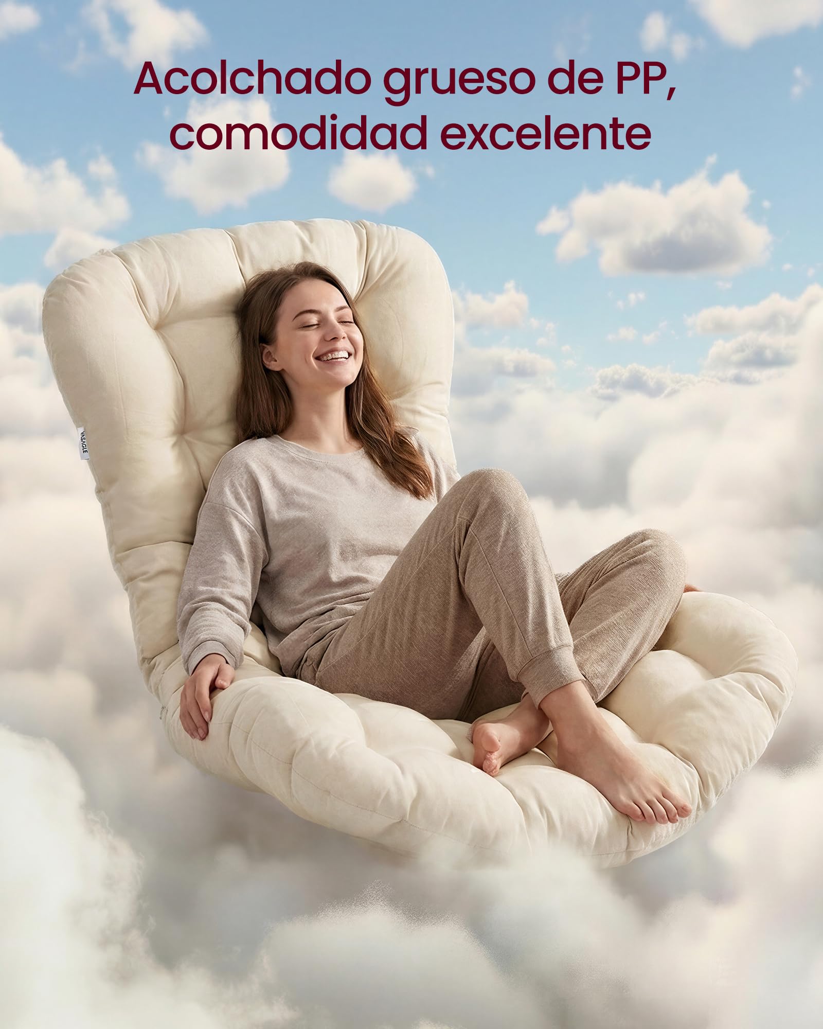 VASAGLE Silla Mecedora, Mecedora con Marco de Acero, Reposapiés Extraíble, Cojín Extraíble, Carga de 136 kg, Dormitorio, Sala de Estar, Terraza, Jardín, Beige LYY062WZ01