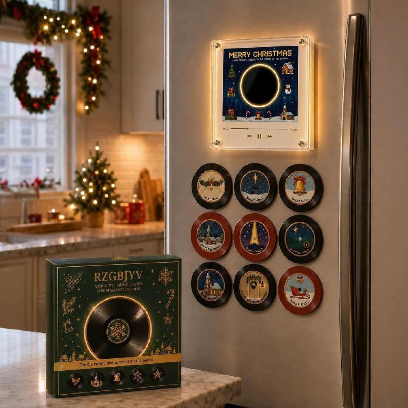 Christmas Vinyl Player Fridge Record NFC Magnetic Music Box Set,4.33"