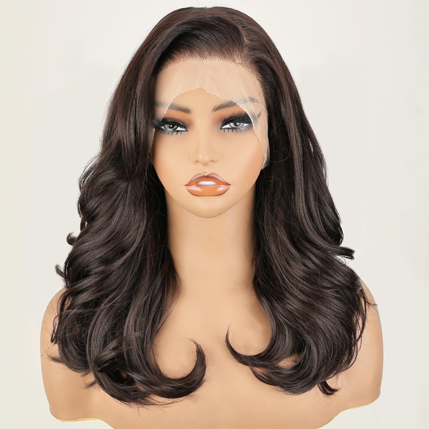 Photo 1 of SOKU 13X6 Chocolate Brown Lace Front Wigs Pre Layered, 18 Inch Short Wavy Glueless Wigs Pre Plucked, Body Wave Synthetic Lace Front Wigs for Women