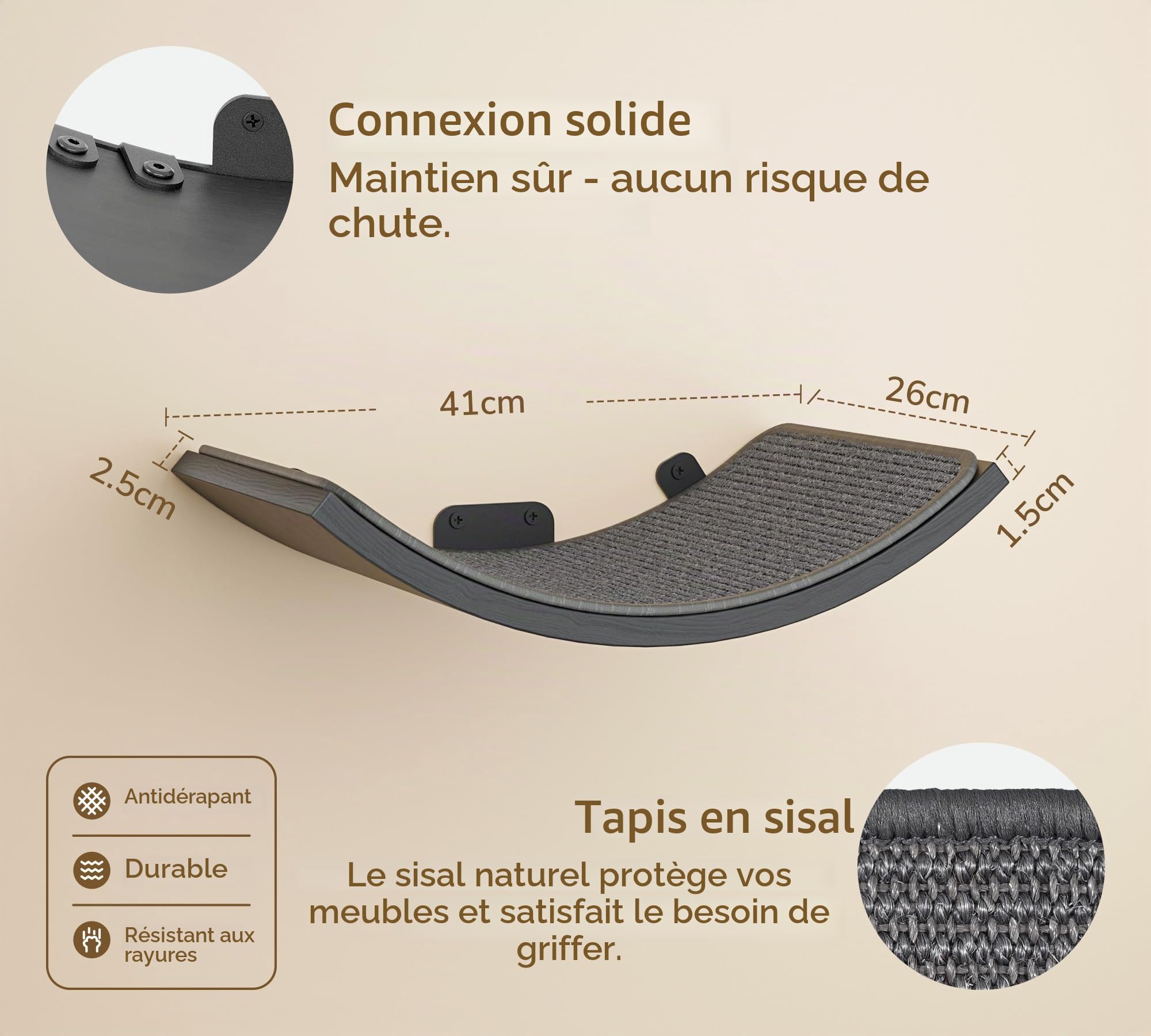 Ensemble de cadre d'escalade pour chat avec tapis à griffer, ensemble de meubles muraux pour chat avec 2 marches et plateformes incurvées, étagères en bois pour chat pour dormir et jouer